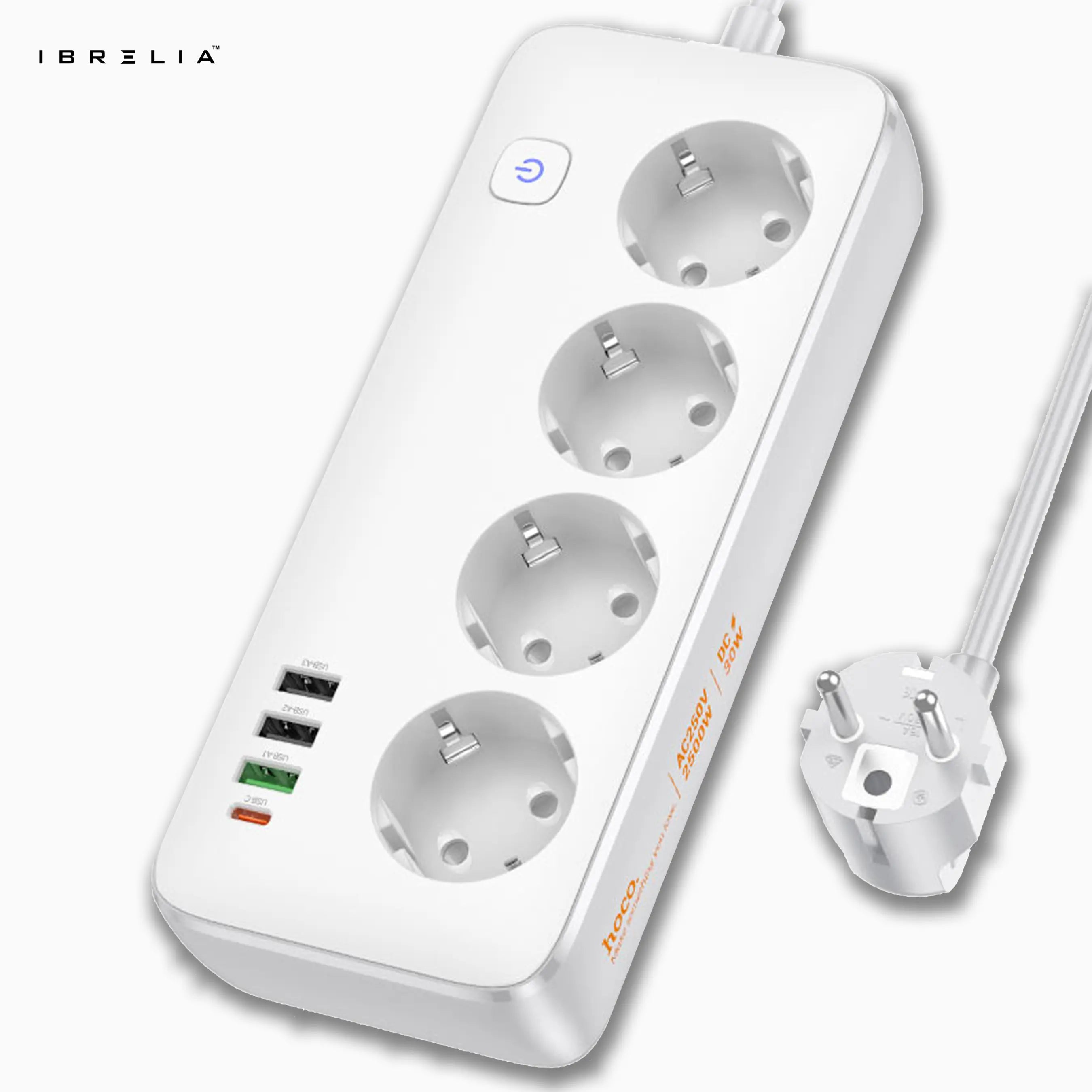 HOCO AC22 Sunlight 4-Bit Multifunctional Safety Socket (PD30W / 1C3A) – 2500W Desktop Power Strip | IBRELIA™ IBRELIA