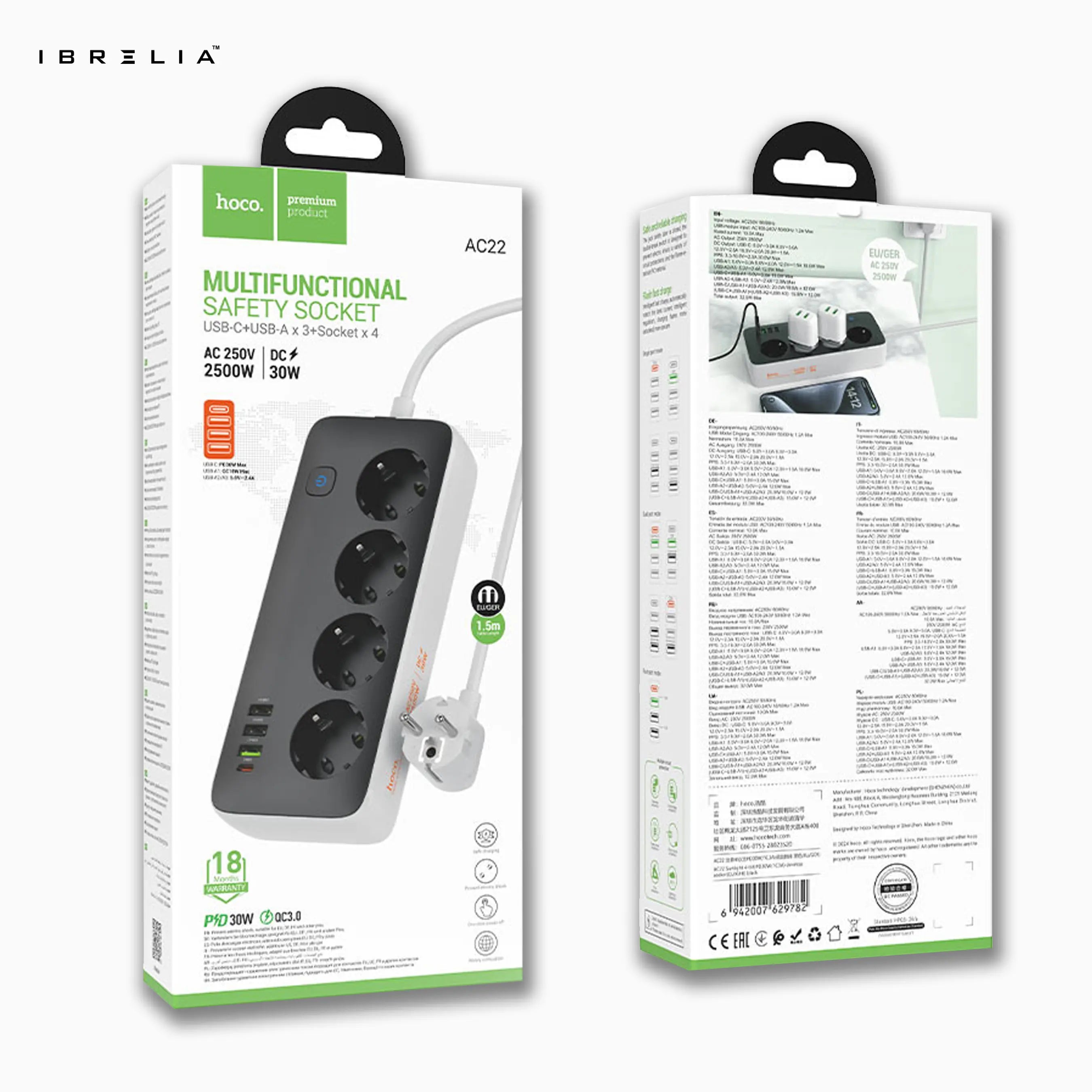 HOCO AC22 Sunlight 4-Bit Multifunctional Safety Socket (PD30W / 1C3A) – 2500W Desktop Power Strip | IBRELIA™ IBRELIA