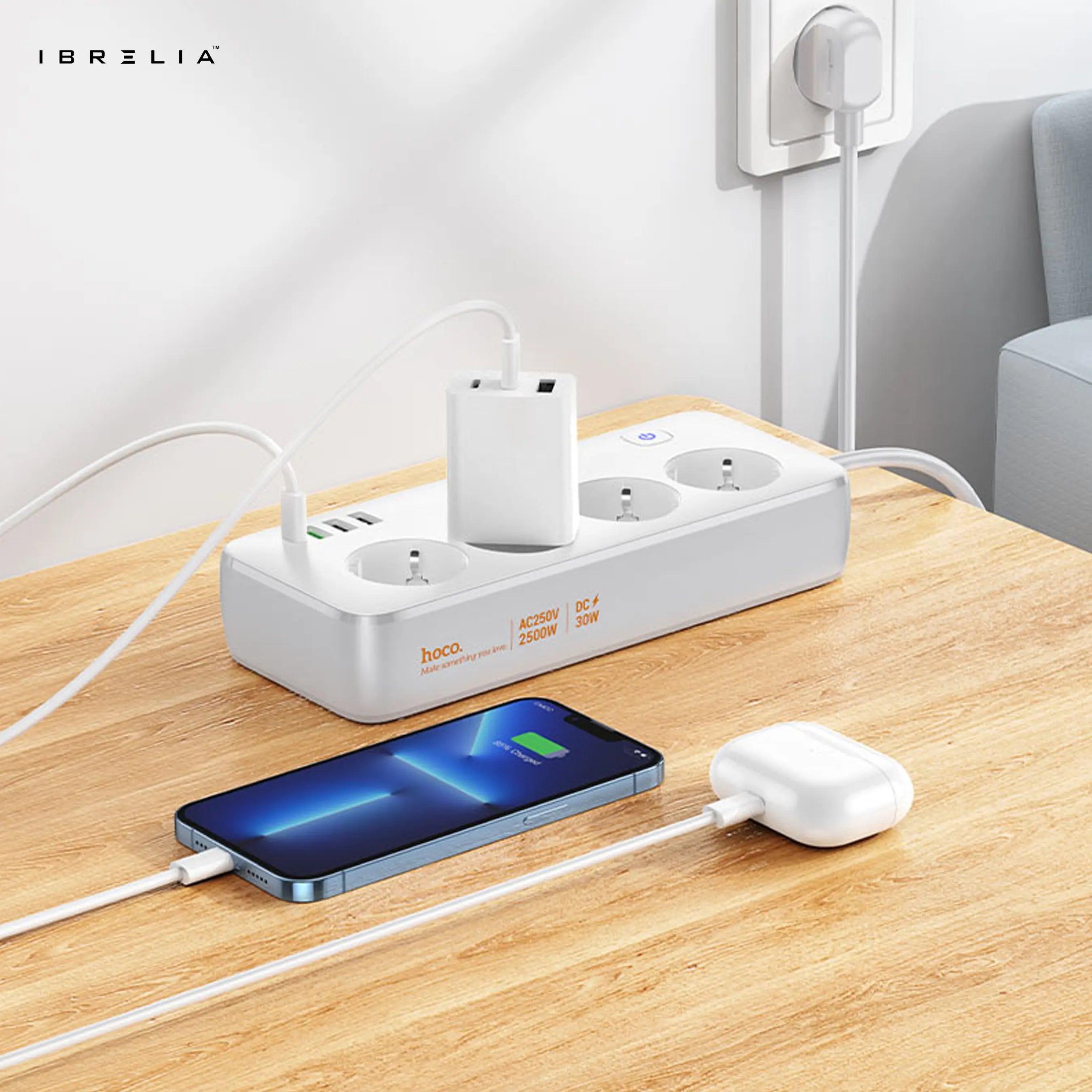 HOCO AC22 Sunlight 4-Bit Multifunctional Safety Socket (PD30W / 1C3A) – 2500W Desktop Power Strip | IBRELIA™ IBRELIA
