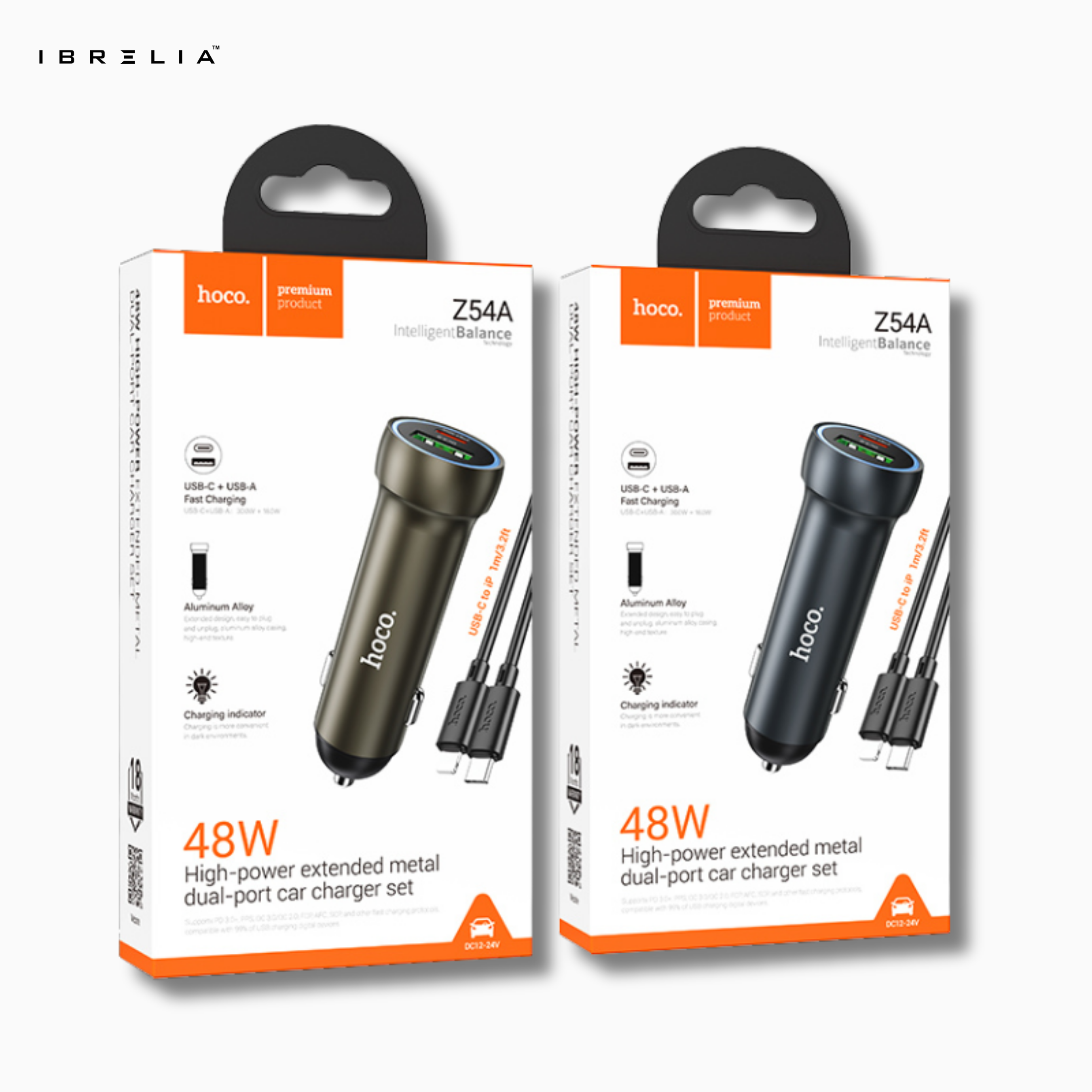 HOCO Z54A Prosperous 48W Dual-Port PD30W + QC3.0 Car Charger Set (C to iP) | IBRELIA™