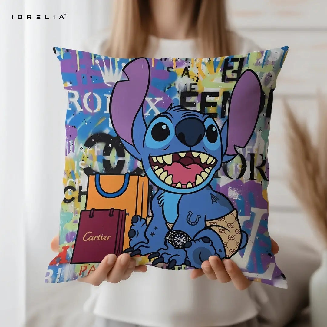 Stitch Luxury Cushion – Lilo & Stitch Cartoon Street Art Pillow 15x15 Inch | Double-Sided Print | IBRELIA™ IBRELIA