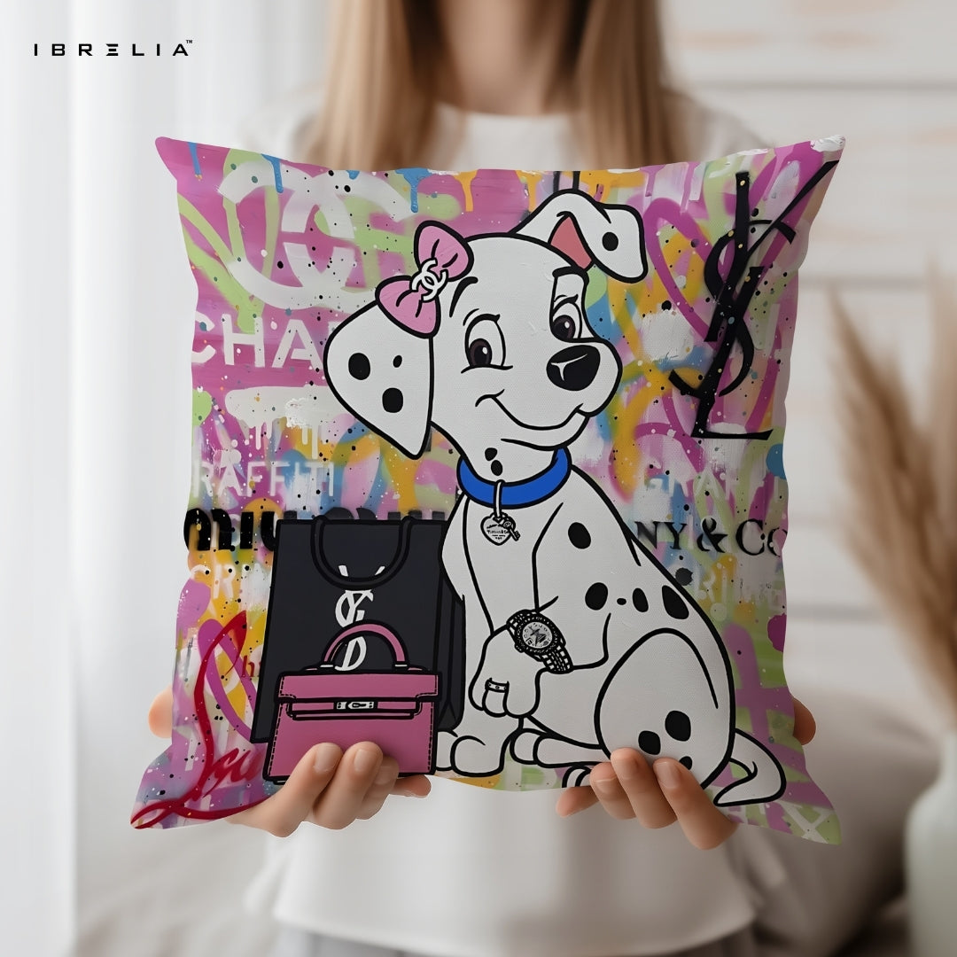 Dalmatian Luxury Cushion – 101 Dalmatians Cartoon Street Art Pillow 15x15 Inch | Double-Sided Print | IBRELIA™ IBRELIA