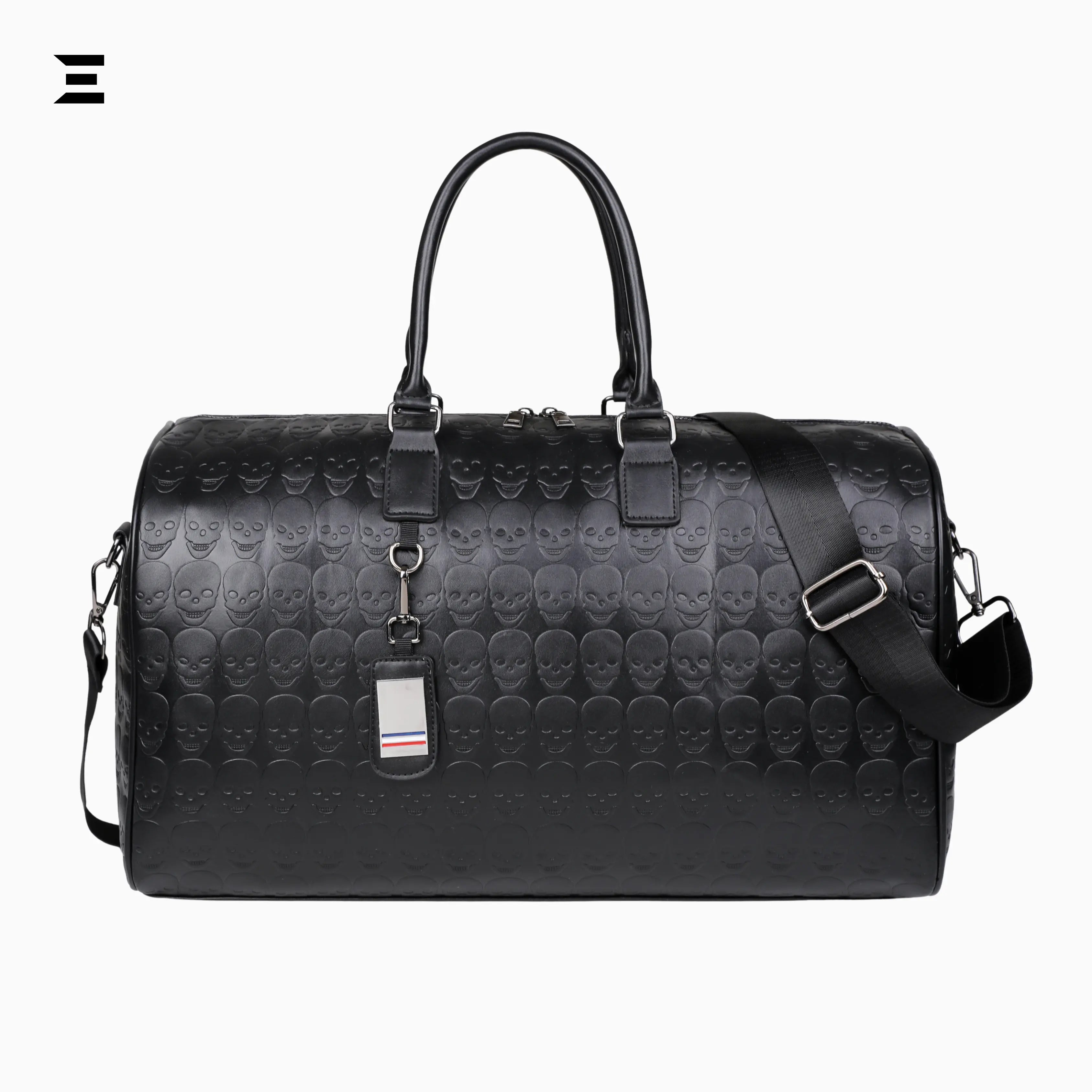 Black Skull Embossed Leather Travel Duffle Bag – Large Capacity Multi - Functional Luggage Bag - IBRELIA