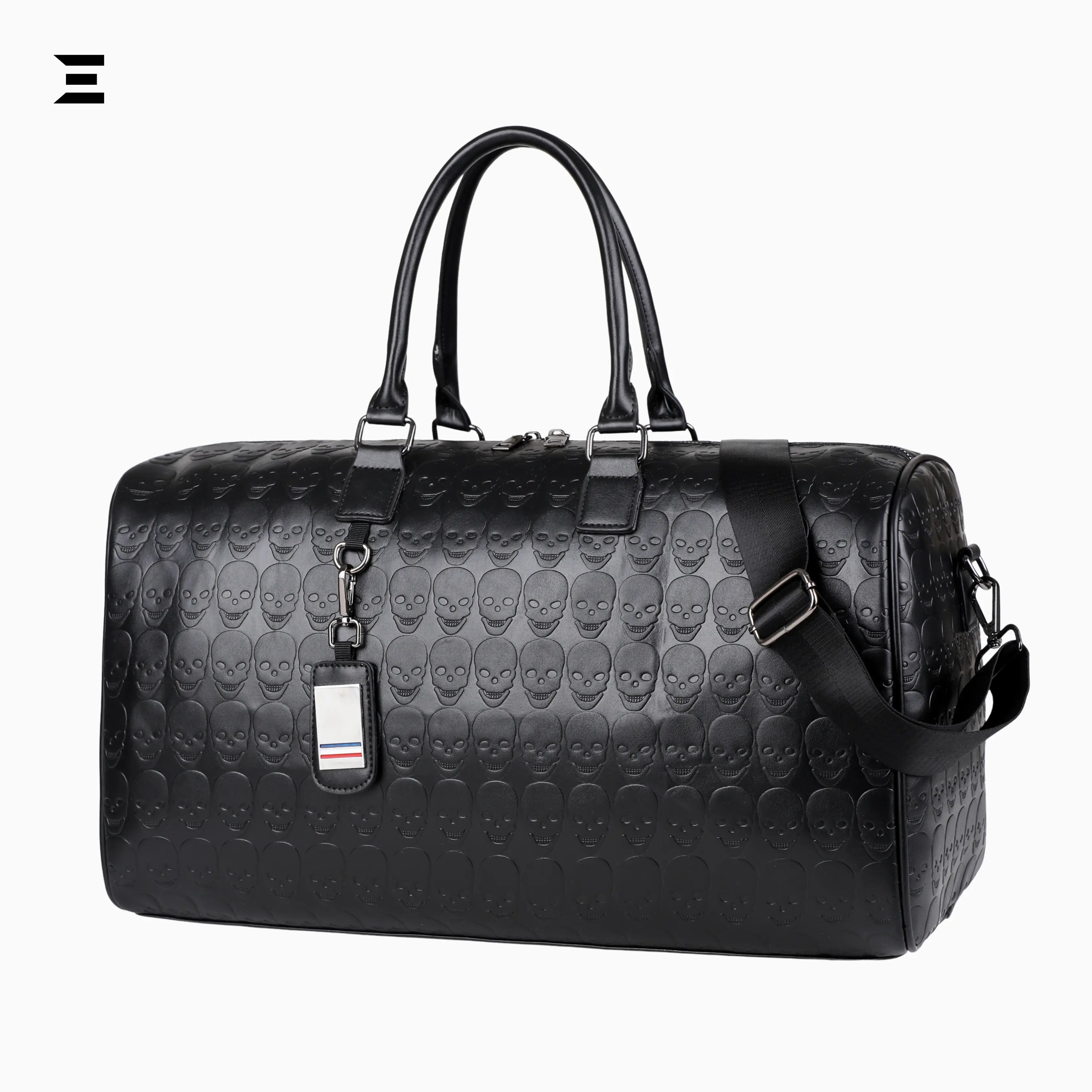 Black Skull Embossed Leather Travel Duffle Bag – Large Capacity Multi - Functional Luggage Bag - IBRELIA