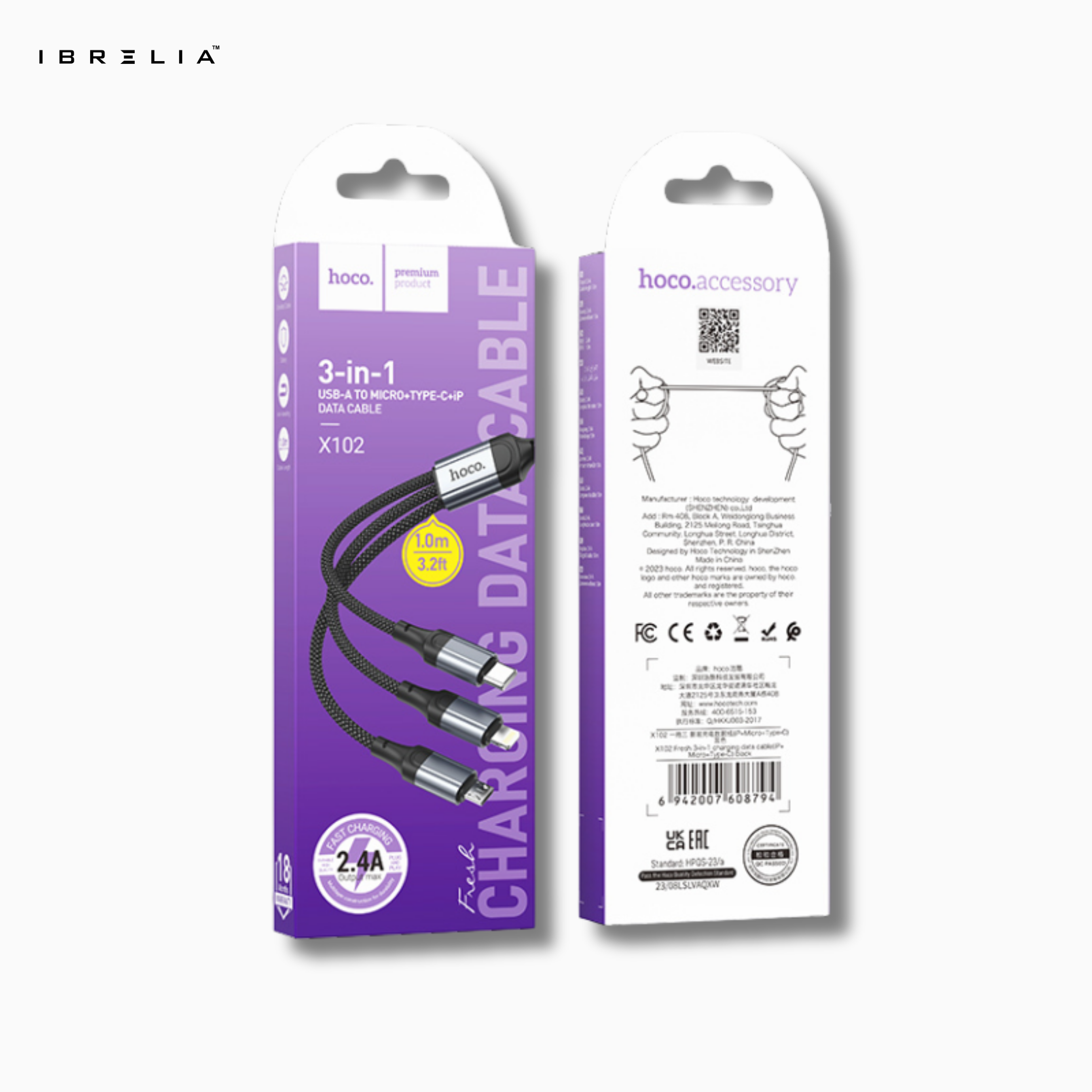 HOCO X102 Fresh 3-in-1 Charging Cable (iP + Micro + Type-C) – 2.4A Fast Charge | IBRELIA™