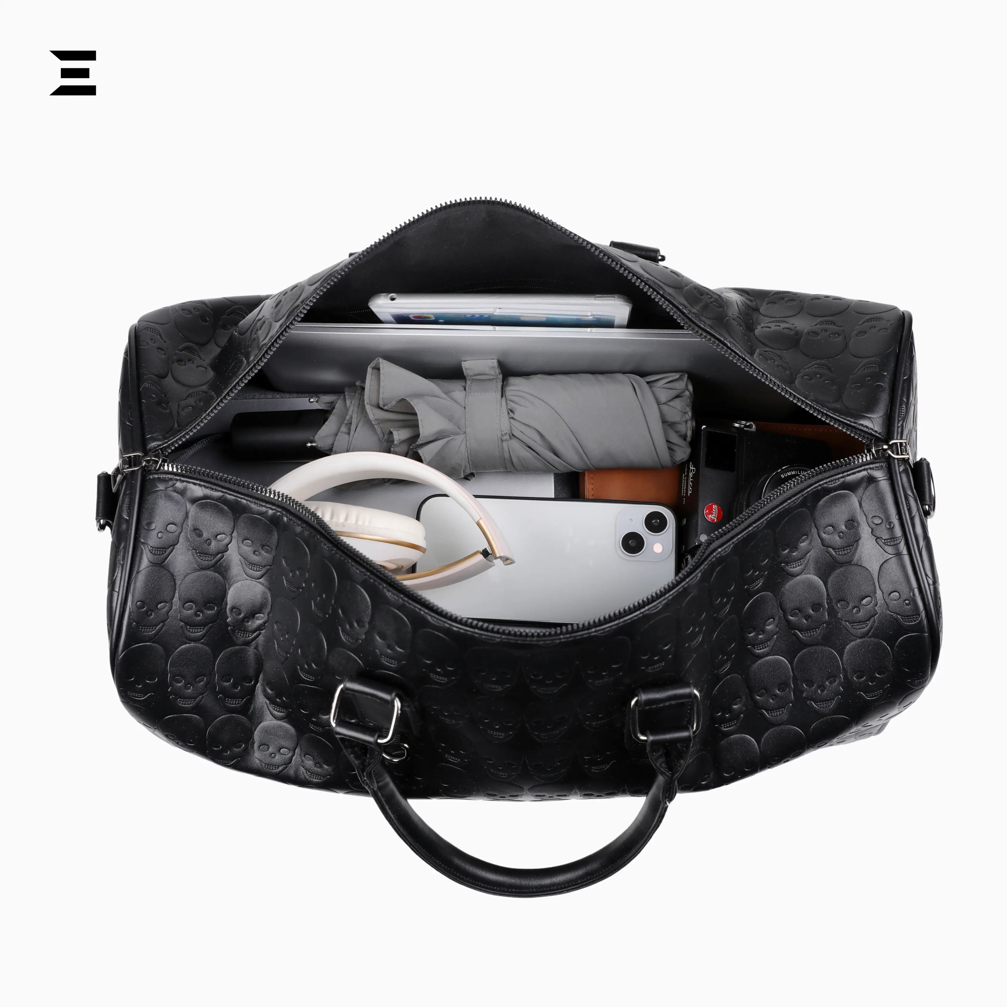 Black Skull Embossed Leather Travel Duffle Bag – Large Capacity Multi - Functional Luggage Bag - IBRELIA