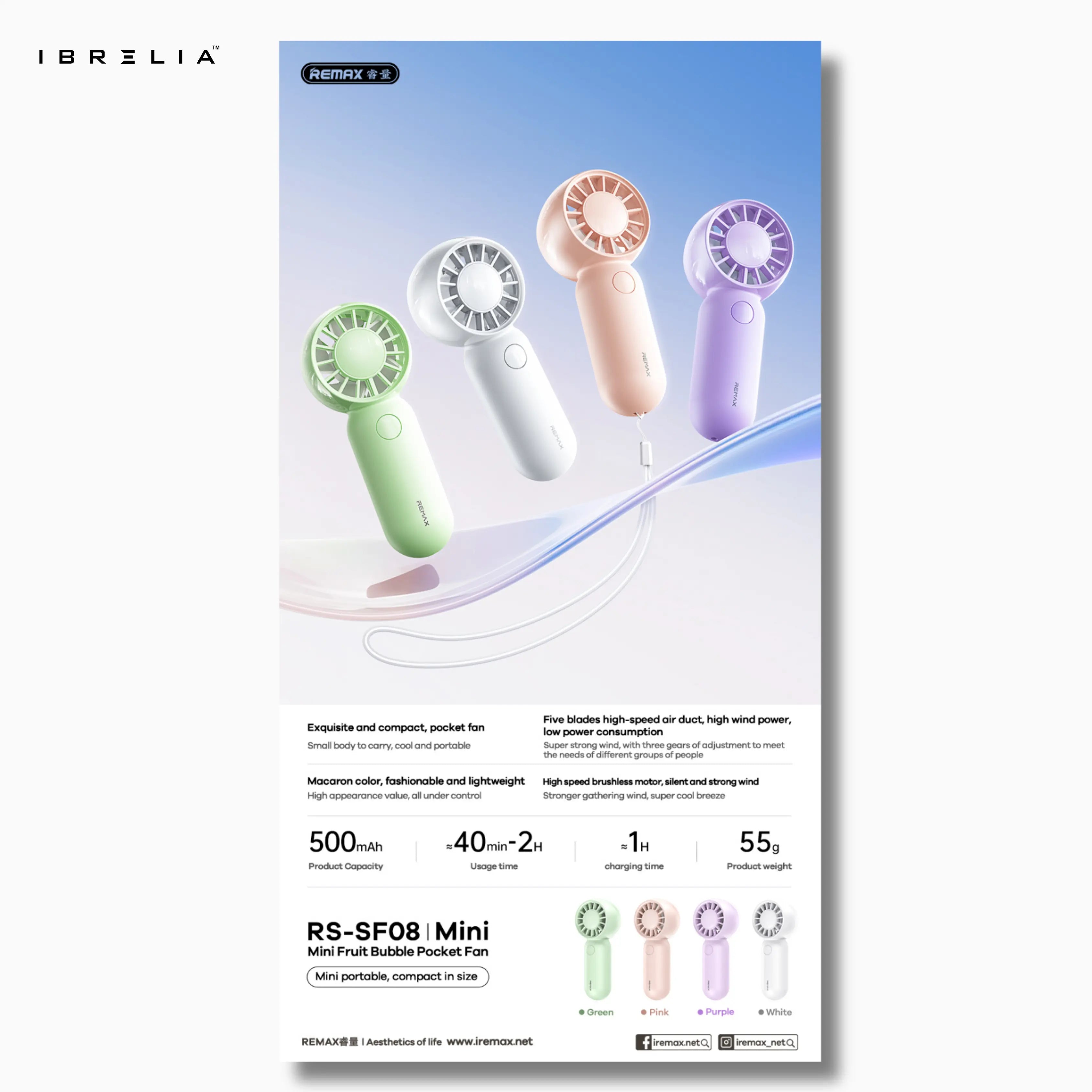 REMAX RS-SF08 Mini Fruit Bubble Pocket Fan | High-Speed Portable Fan | Rechargeable Handheld Fan | IBRELIA™ IBRELIA