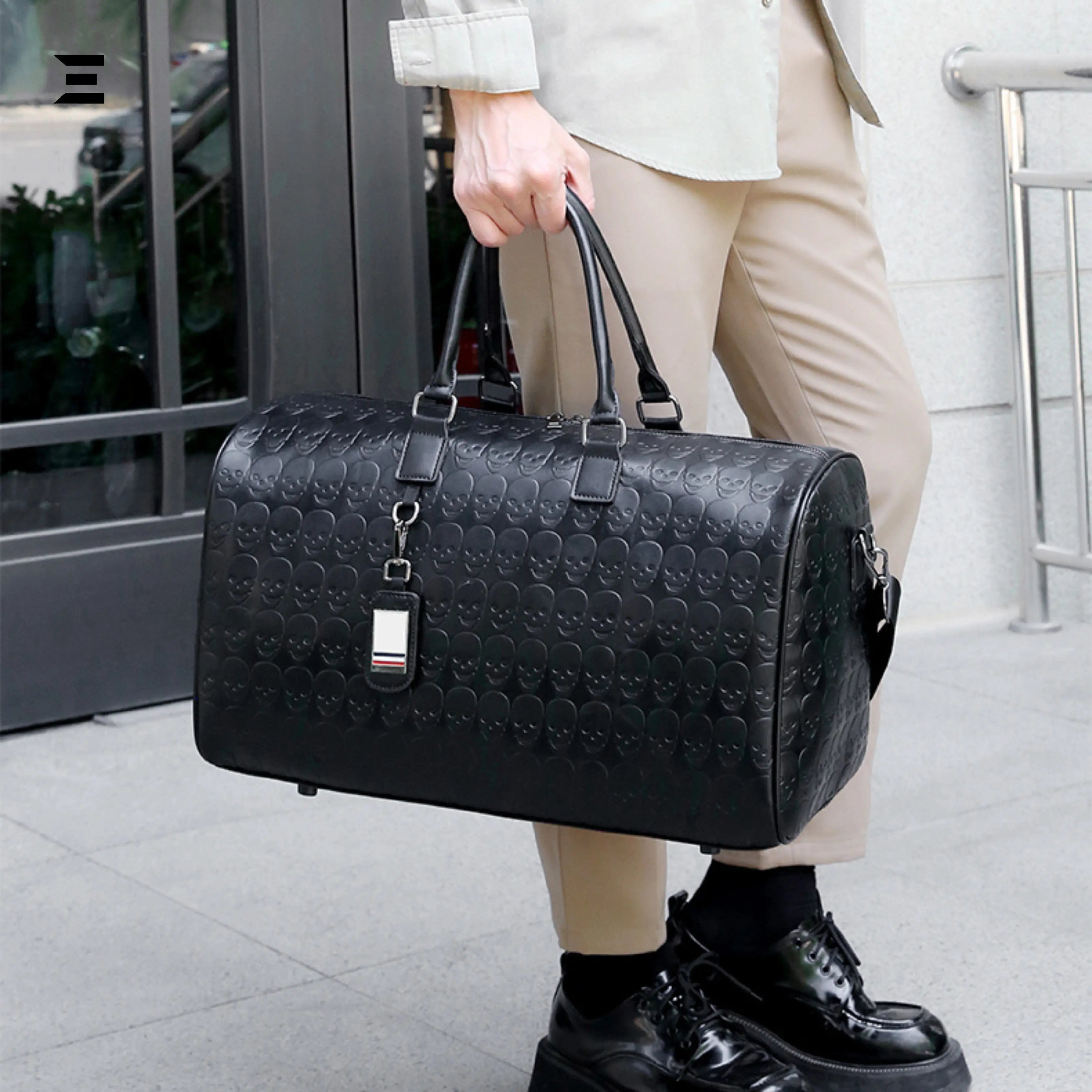 Black Skull Embossed Leather Travel Duffle Bag – Large Capacity Multi - Functional Luggage Bag - IBRELIA