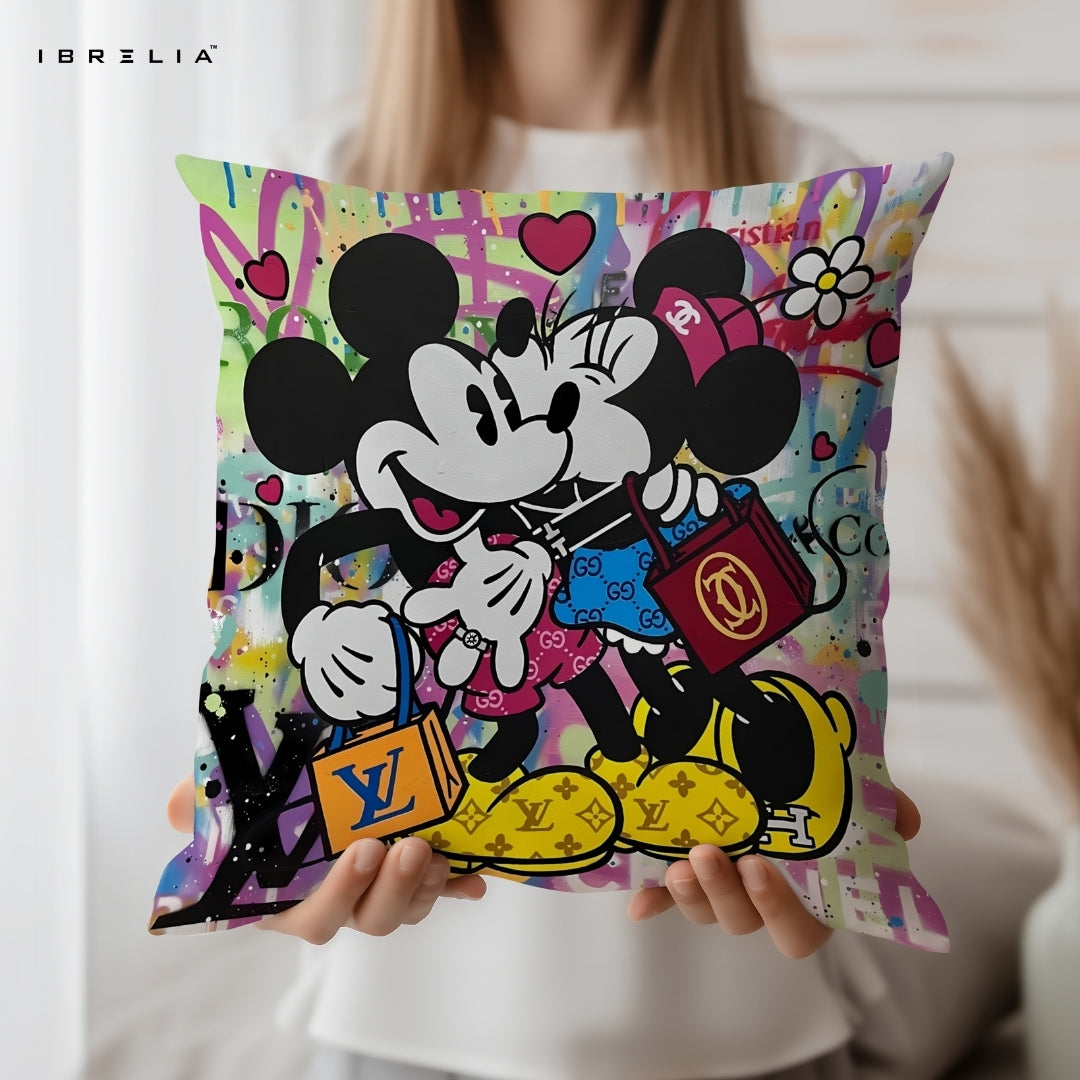 Mickey & Minnie Luxury Cushion – Disney Cartoon Couple Street Art Pillow 15x15 Inch | Double-Sided Print | IBRELIA™ IBRELIA