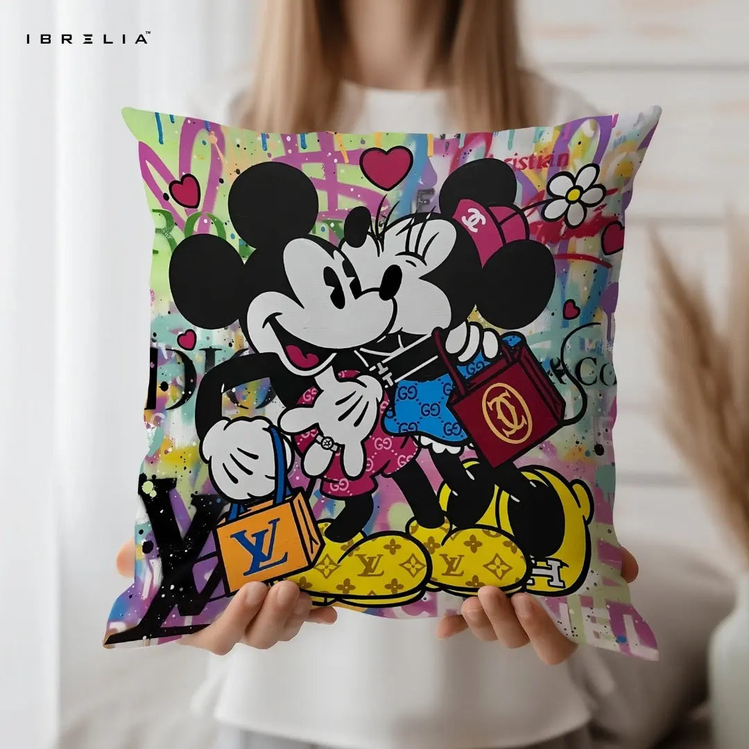 Mickey & Minnie Luxury Cushion – Disney Cartoon Couple Street Art Pillow 15x15 Inch | Double-Sided Print | IBRELIA™ IBRELIA