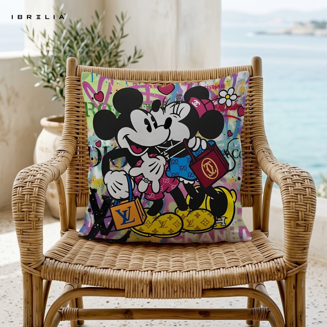 Mickey & Minnie Luxury Cushion – Disney Cartoon Couple Street Art Pillow 15x15 Inch | Double-Sided Print | IBRELIA™ IBRELIA