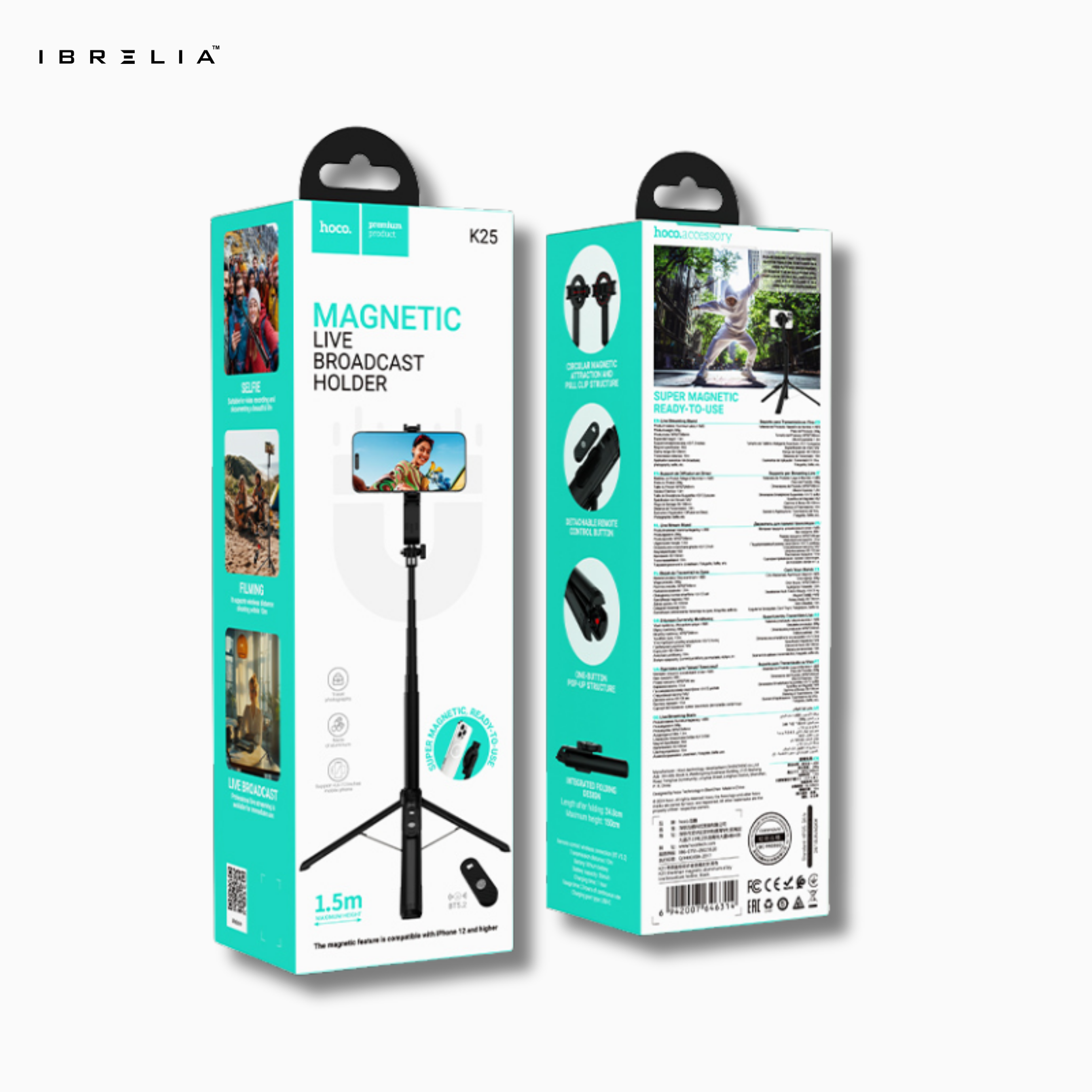 HOCO K25 Magnetic Live Broadcast Holder – 1.5m Extendable Tripod + Bluetooth Remote | IBRELIA™