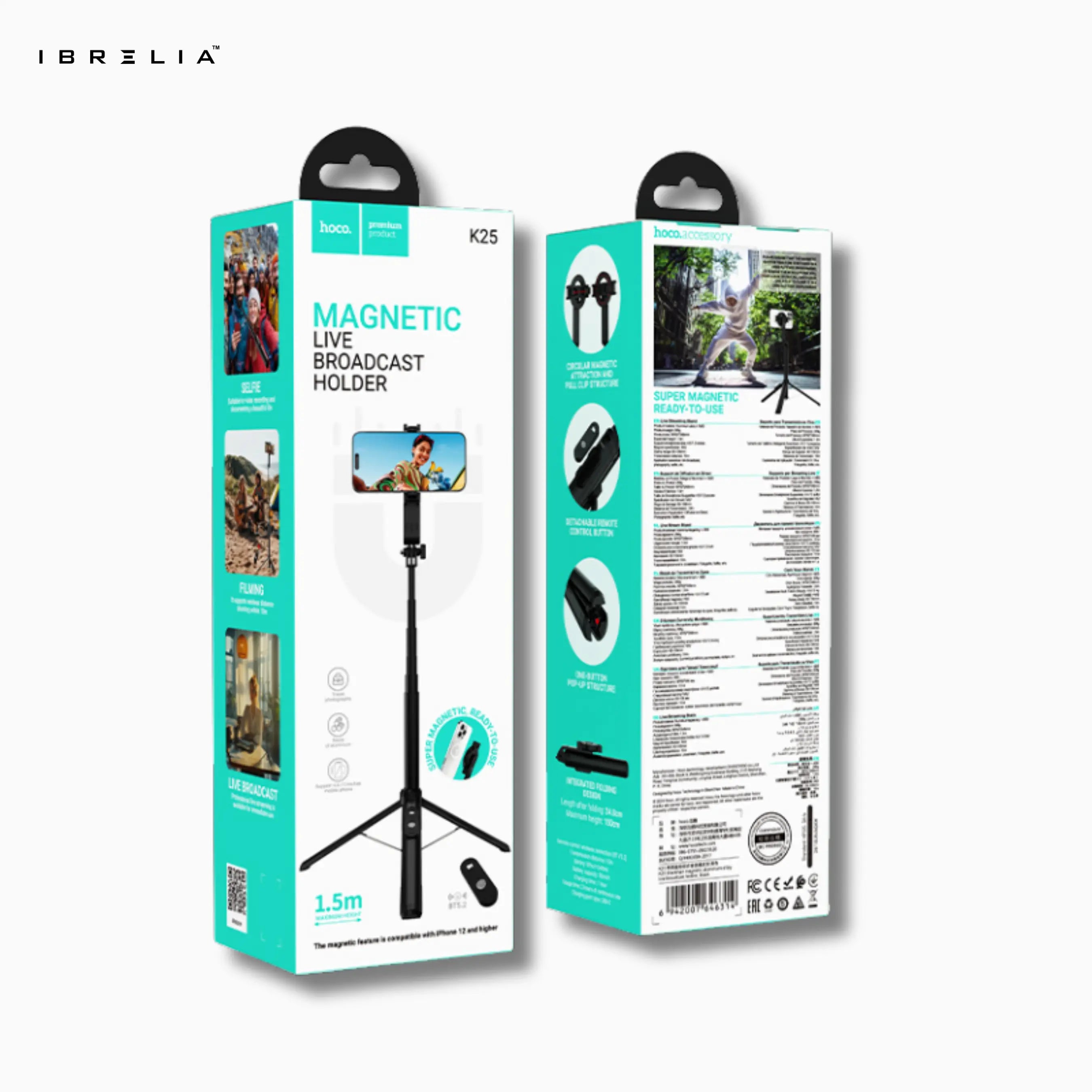 HOCO K25 Magnetic Live Broadcast Holder – 1.5m Extendable Tripod + Bluetooth Remote | IBRELIA™ IBRELIA