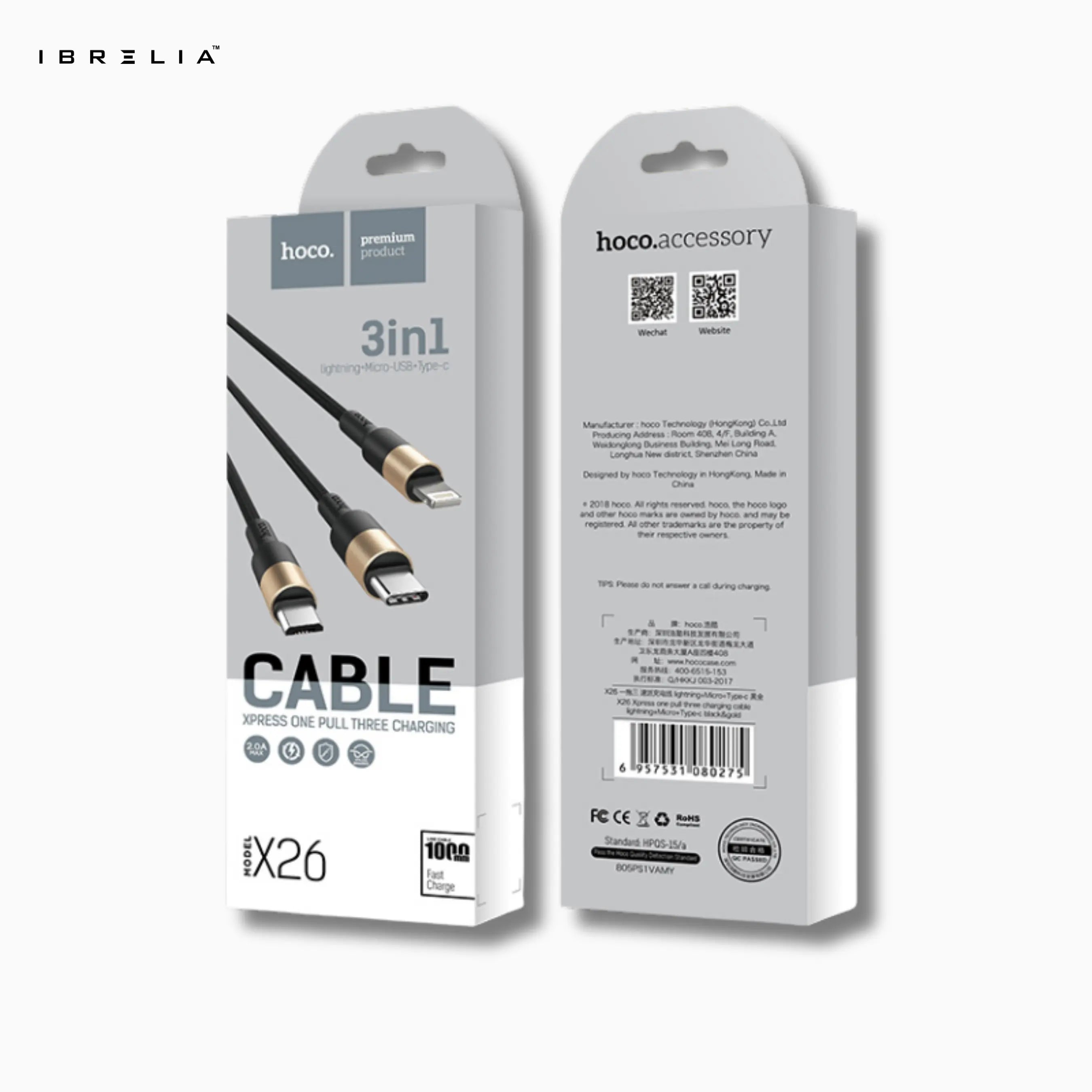 HOCO X26 Xpress 3-in-1 Charging Cable (iP + Micro + Type-C) – 2A Fast Charge | IBRELIA™ IBRELIA