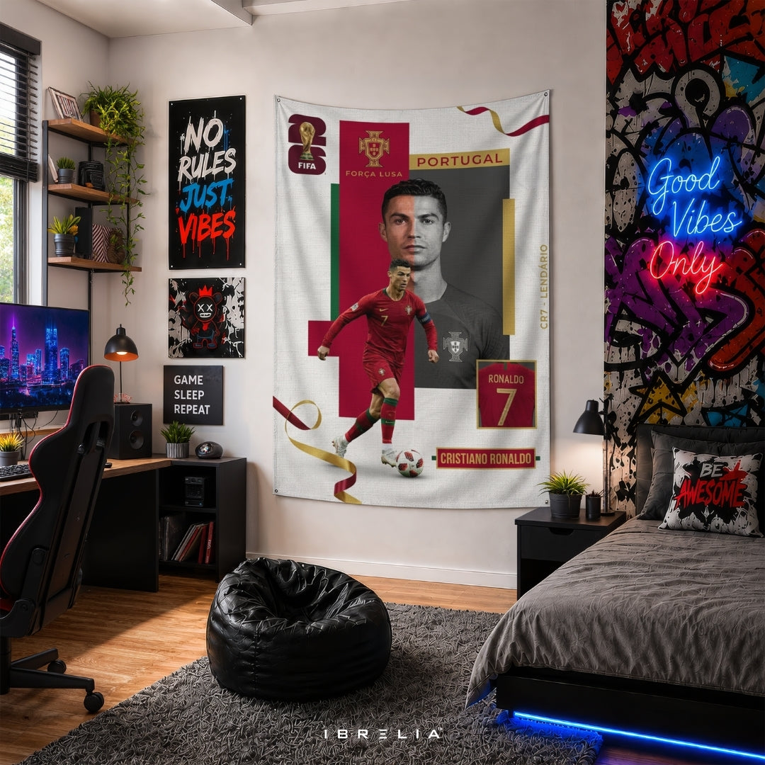 Cristiano Ronaldo CR7 Legend Edition – Portugal Premium Jute Fabric Tapestry – IBRELIA™