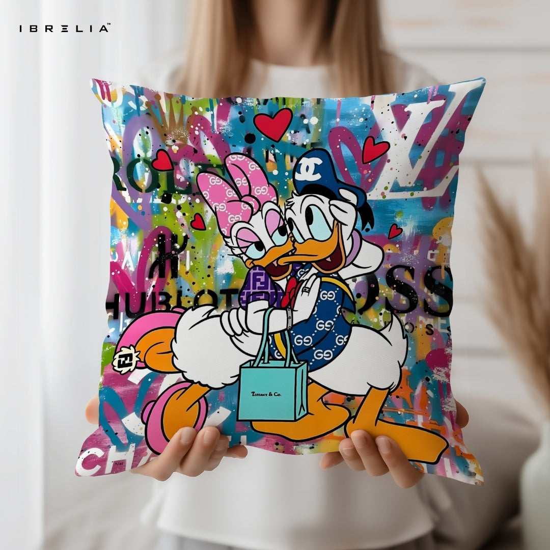 Donald & Daisy Luxury Cushion – Disney Cartoon Couple Street Art Pillow 15x15 Inch | Double-Sided Print | IBRELIA™ IBRELIA