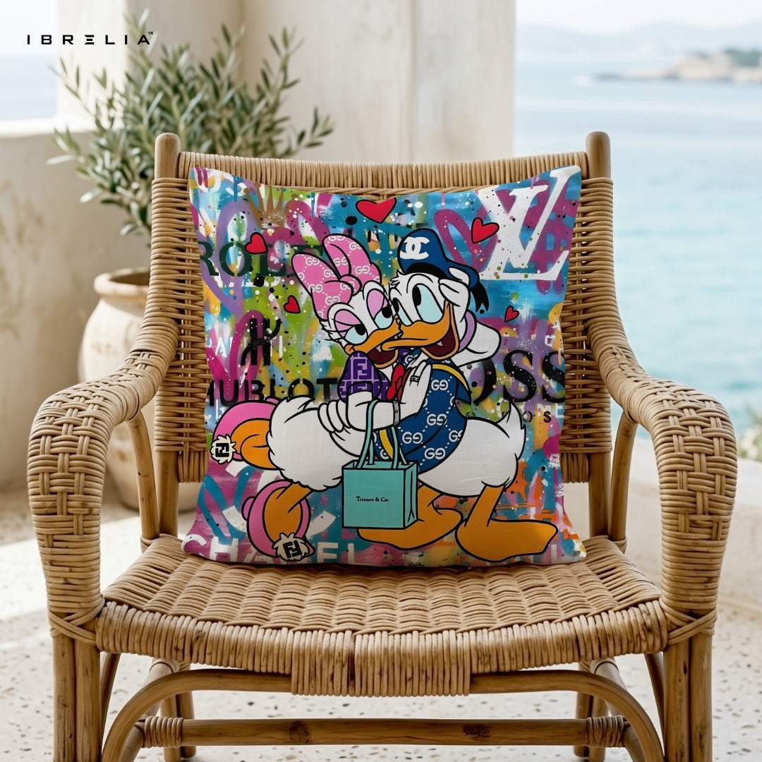 Donald & Daisy Luxury Cushion – Disney Cartoon Couple Street Art Pillow 15x15 Inch | Double-Sided Print | IBRELIA™ IBRELIA