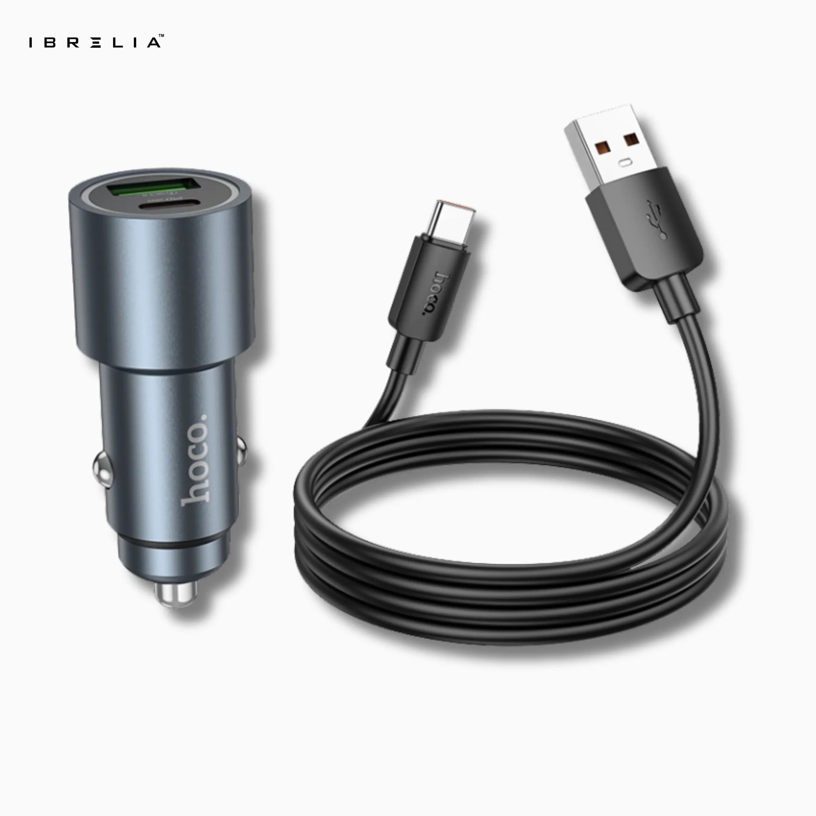HOCO Z60 Bloom 48W Dual-Port Car Charger Set – PD30W + QC3.0 Fast Charging (USB-A to Type-C Cable) | IBRELIA™ IBRELIA