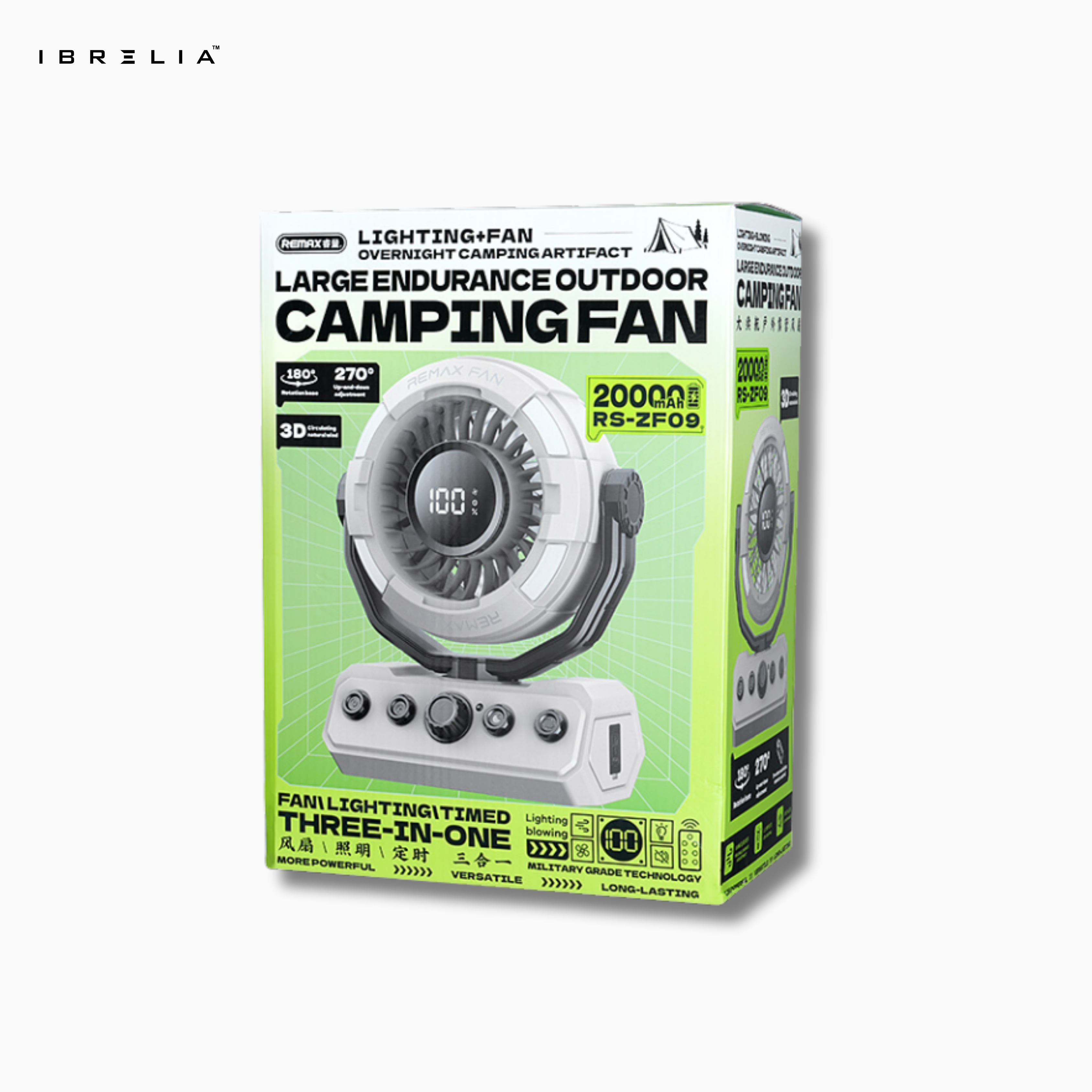 REMAX RS-ZF09 Large Endurance Outdoor Camping Fan | 20000mAh | 3-in-1 Fan + Light + Timer | Portable Camping Gear | IBRELIA™
