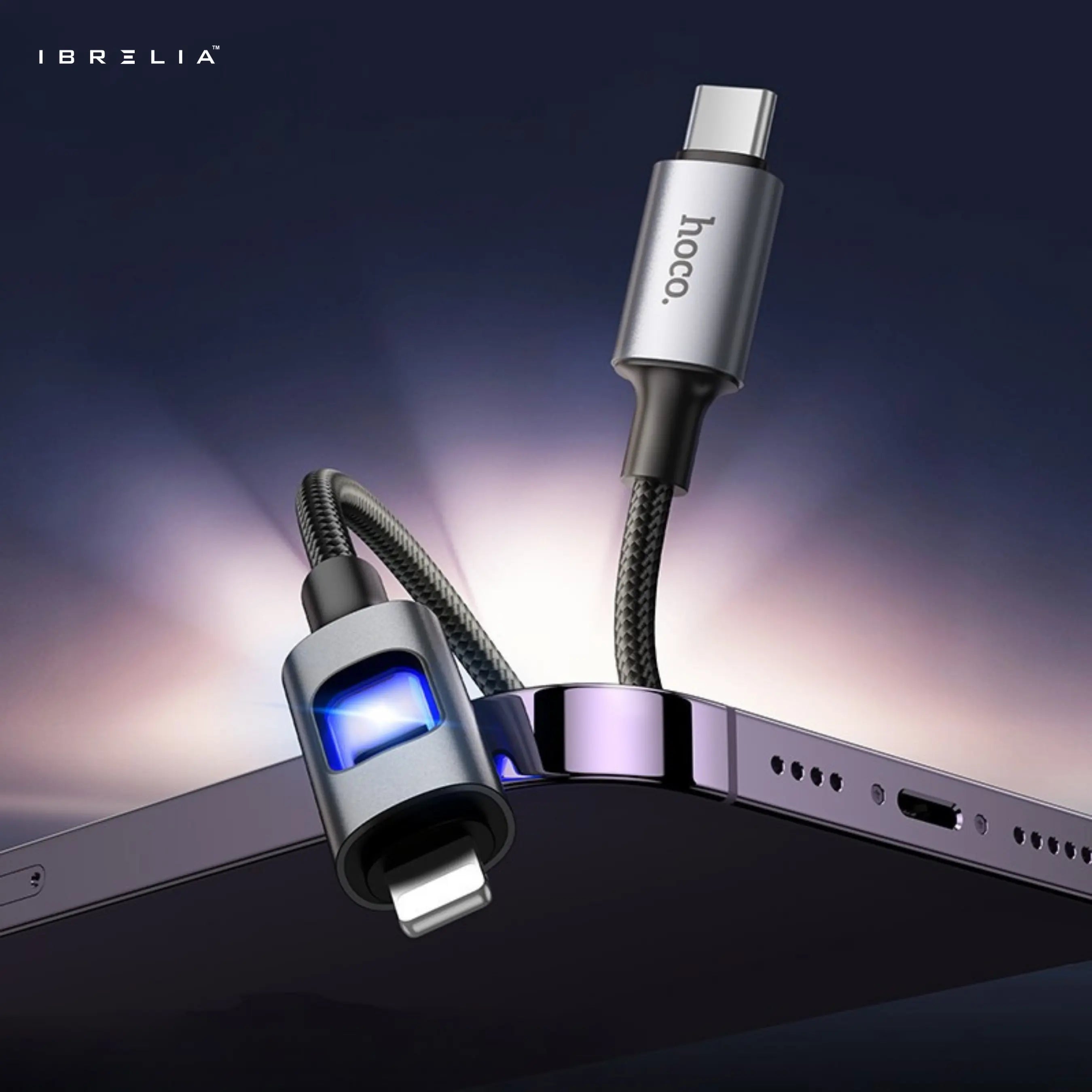 HOCO U144 Colorful LED Fast Charging Data Cable | 27W PD | 1.2m Nylon Braided | iPhone | IBRELIA™ IBRELIA
