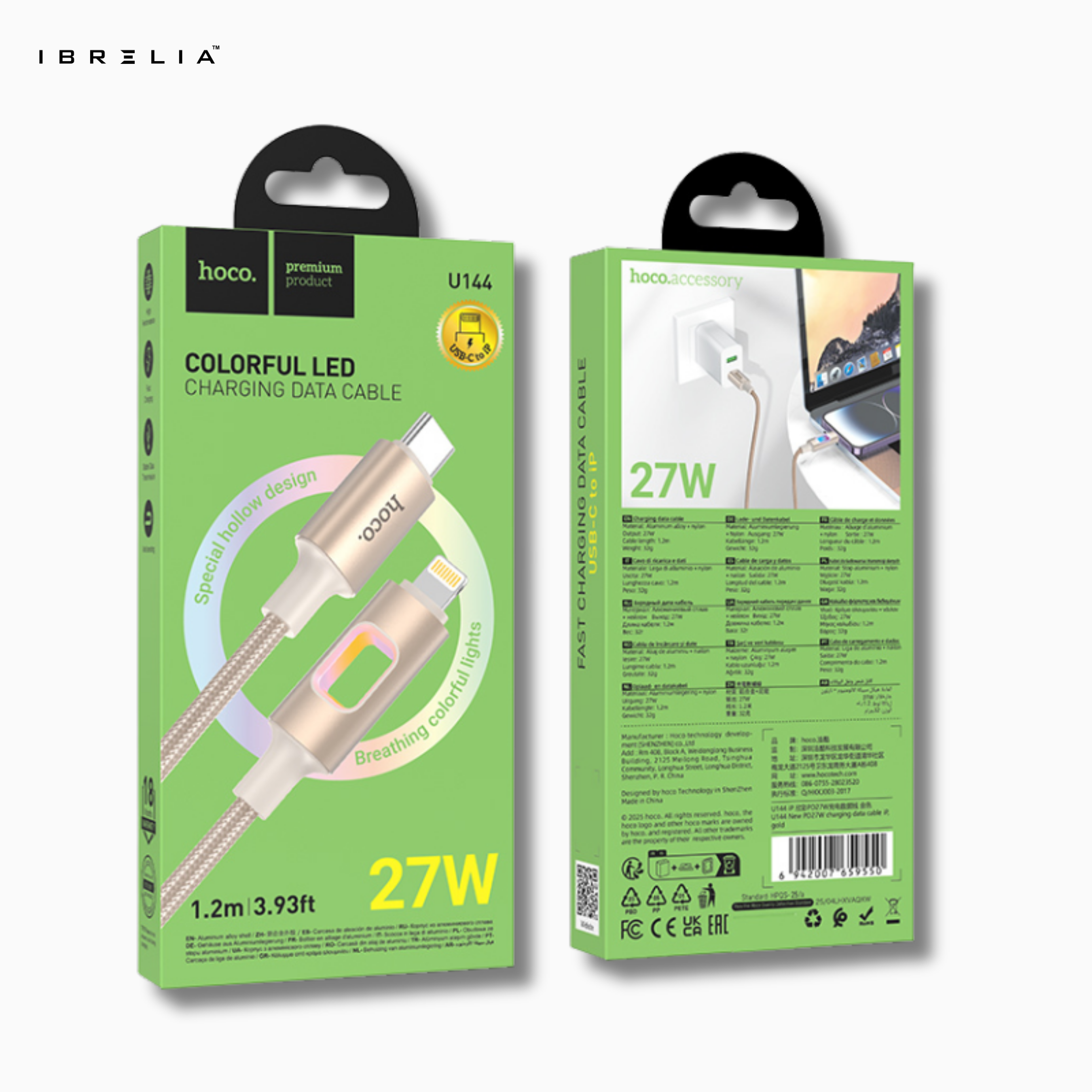 HOCO U144 Colorful LED Fast Charging Data Cable | 27W PD | 1.2m Nylon Braided | iPhone | IBRELIA™