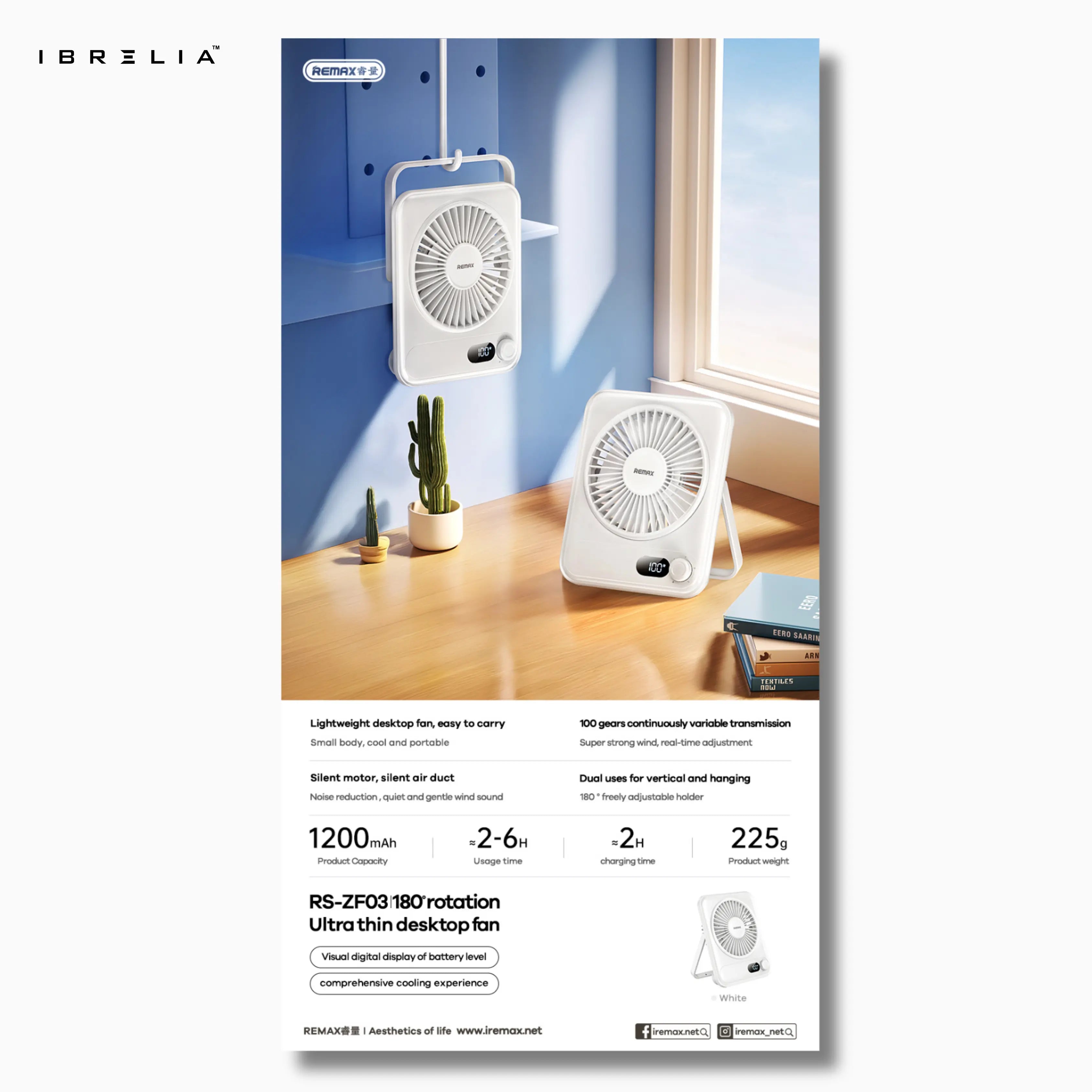 REMAX RS-ZF03 Ultra-Thin Desktop Fan | Digital Display | Variable Speed Control | Portable USB Fan | IBRELIA™ IBRELIA