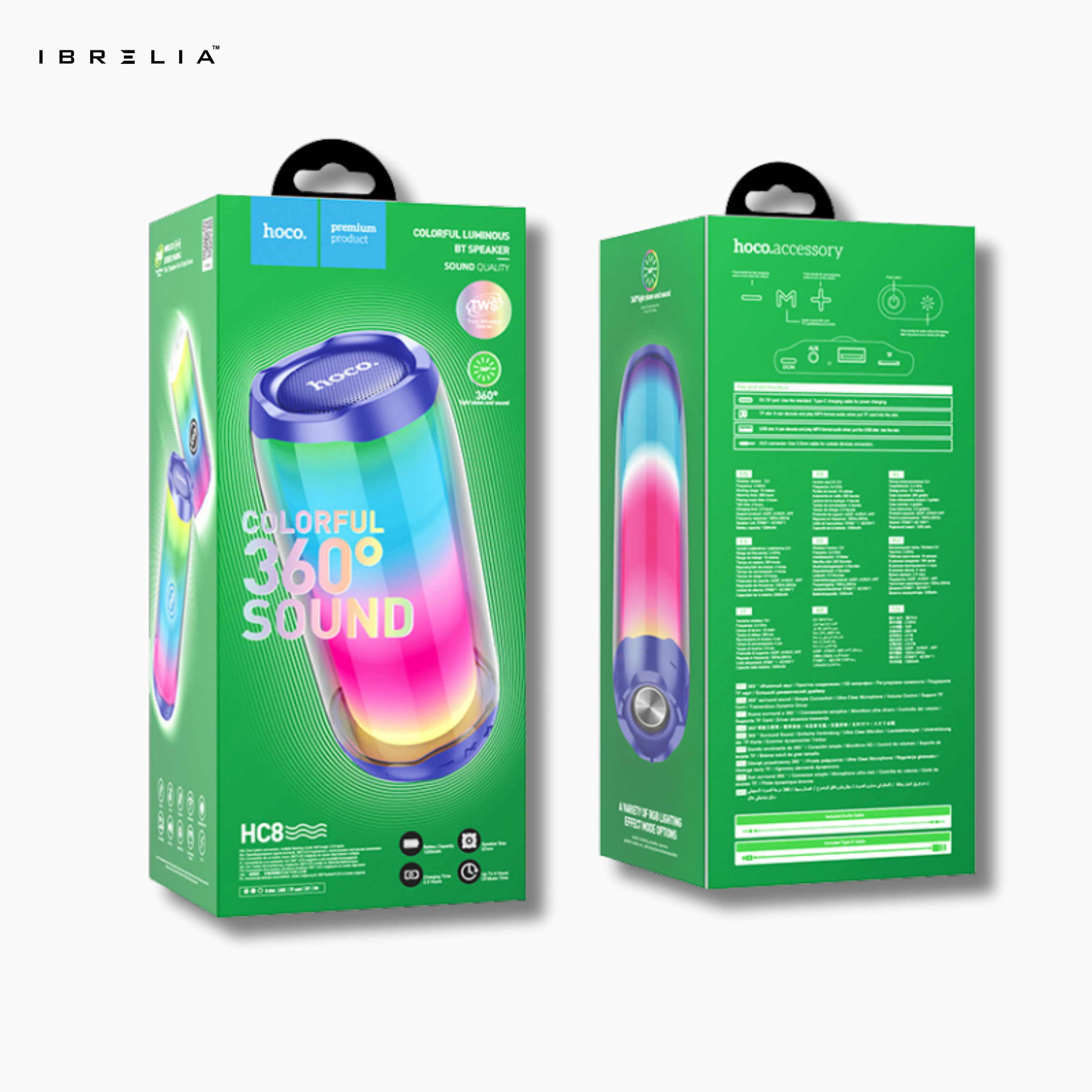 HOCO HC8 Pulsating Colorful Luminous Wireless Speaker – 10W 360° Surround Sound with RGB Lighting & TWS | IBRELIA™ IBRELIA