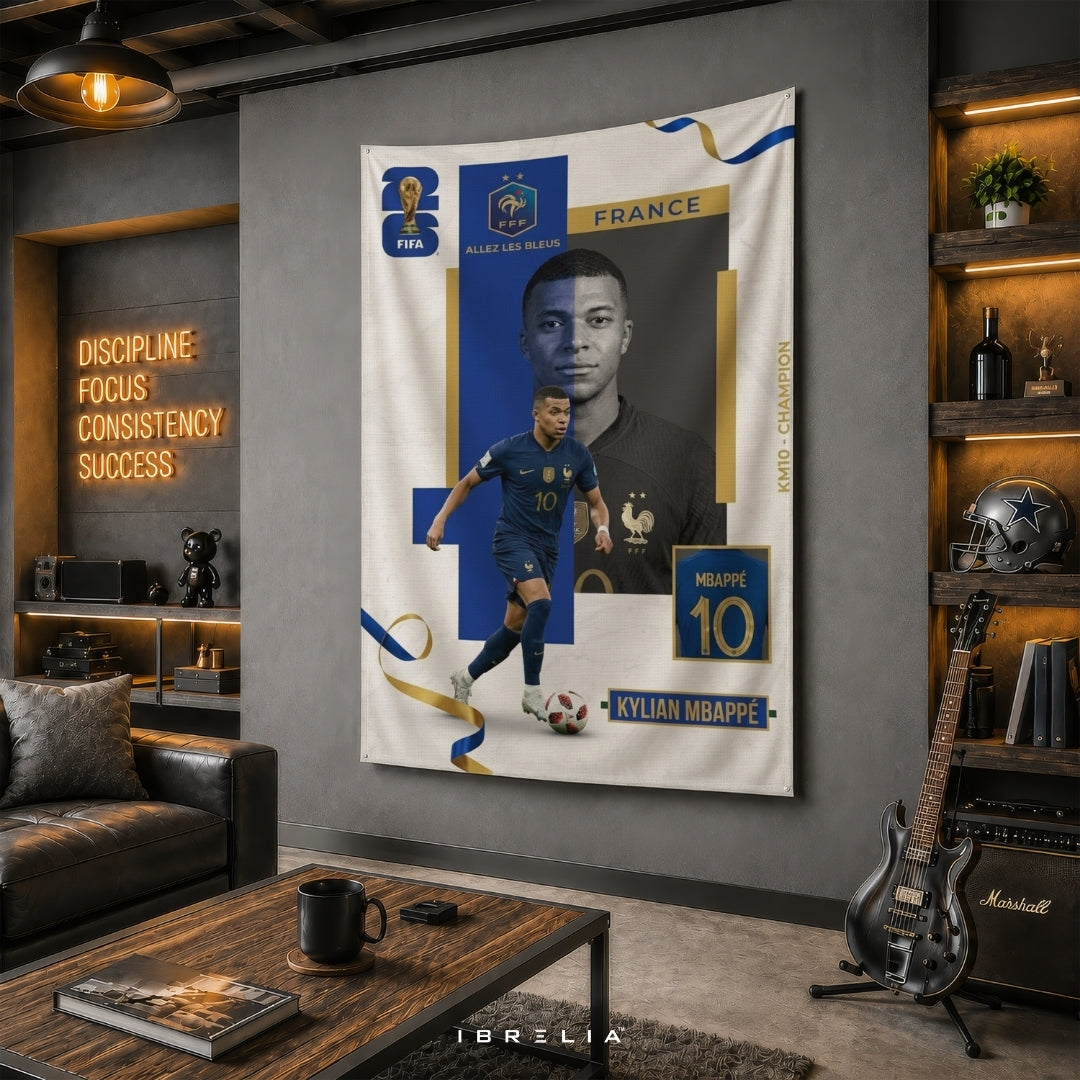 Kylian Mbappé France Champion Edition – Premium Jute Fabric Tapestry – IBRELIA™