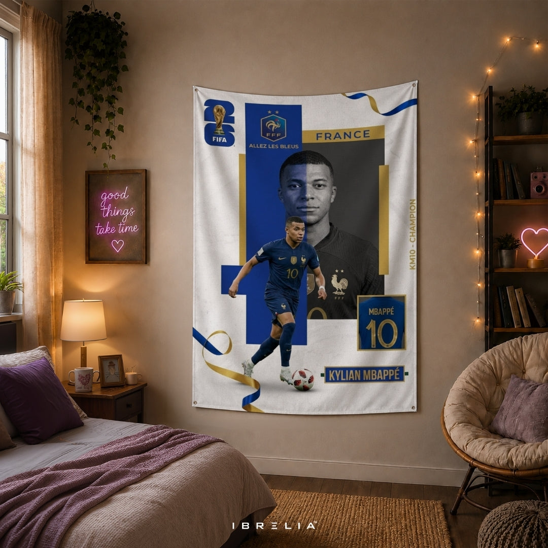 Kylian Mbappé France Champion Edition – Premium Jute Fabric Tapestry – IBRELIA™