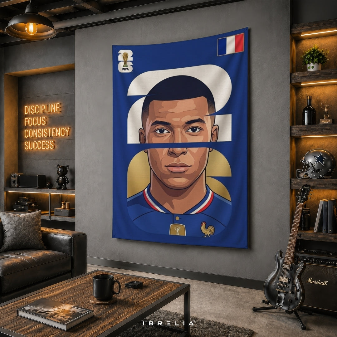 Kylian Mbappé France Number 10 Graphic Edition – Premium Jute Fabric Tapestry – IBRELIA™