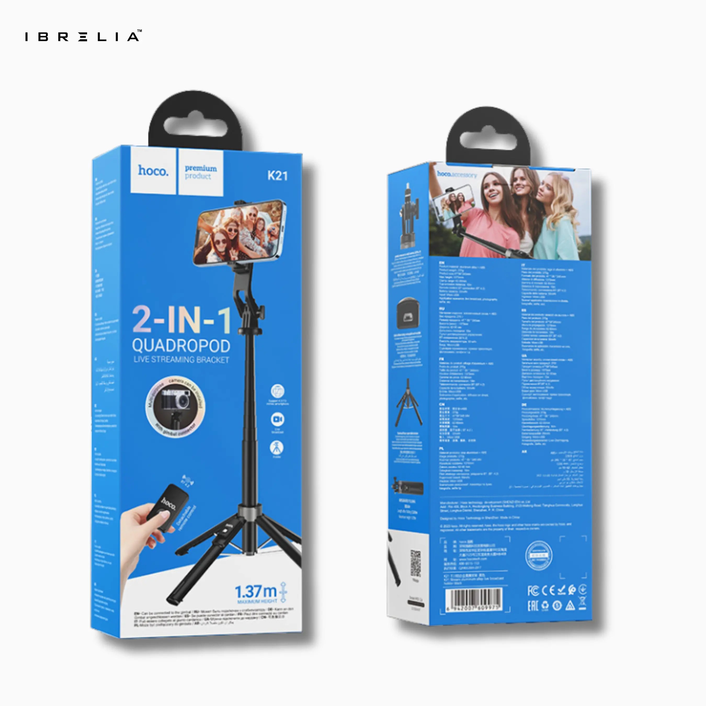 HOCO K21 – 2-in-1 Quadropod Live Streaming Tripod (1.37m Height + Bluetooth Remote) | IBRELIA™ IBRELIA