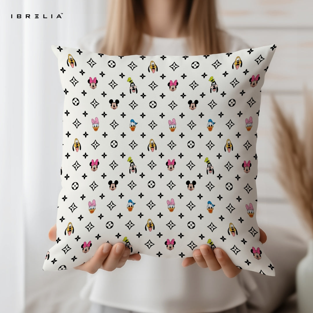 Disney Characters Pattern Cushion – Mickey Mouse, Minnie, Donald Duck & Pluto Monogram Style Pillow 15x15 Inch | IBRELIA™ IBRELIA