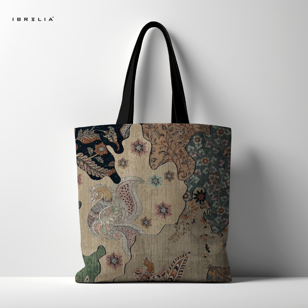 IBRELIA™ Heritage Art Premium Jute Tote Bag with Velvet Handles, Satin Lining & Inner Zip Pocket IBRELIA