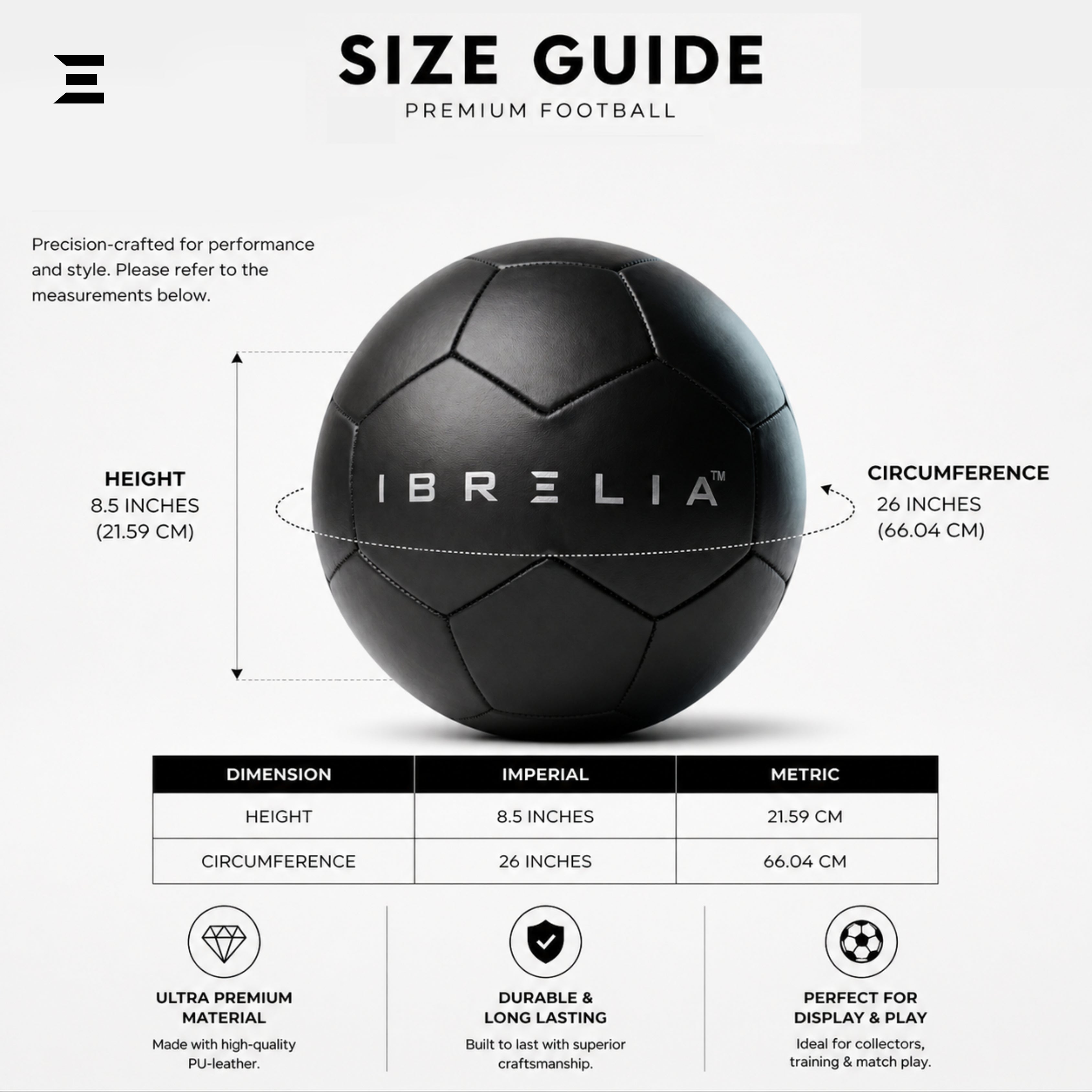 IBRELIA™ Premium Black Football – PU Leather Training & Match Ball IBRELIA