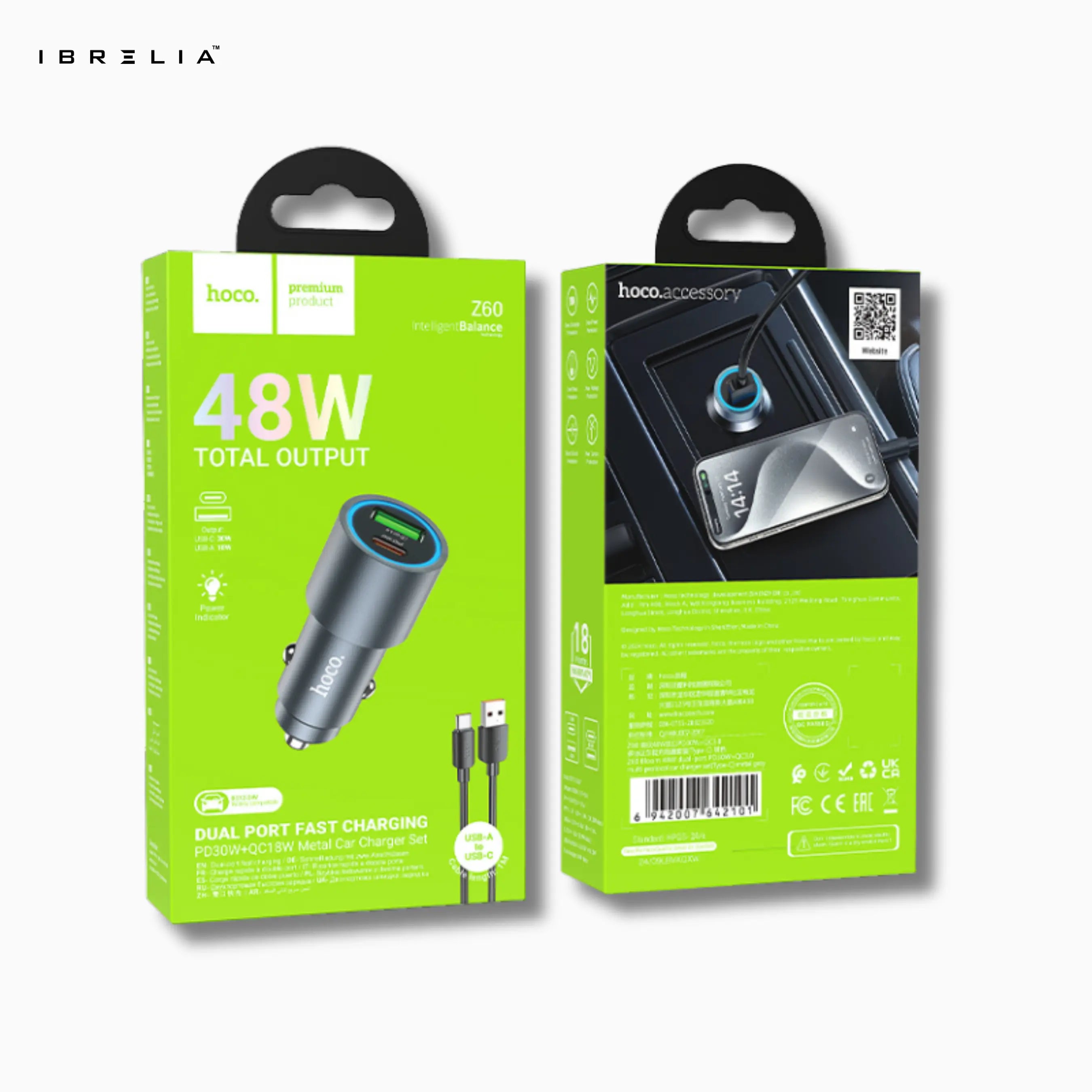 HOCO Z60 Bloom 48W Dual-Port Car Charger Set – PD30W + QC3.0 Fast Charging (USB-A to Type-C Cable) | IBRELIA™ IBRELIA