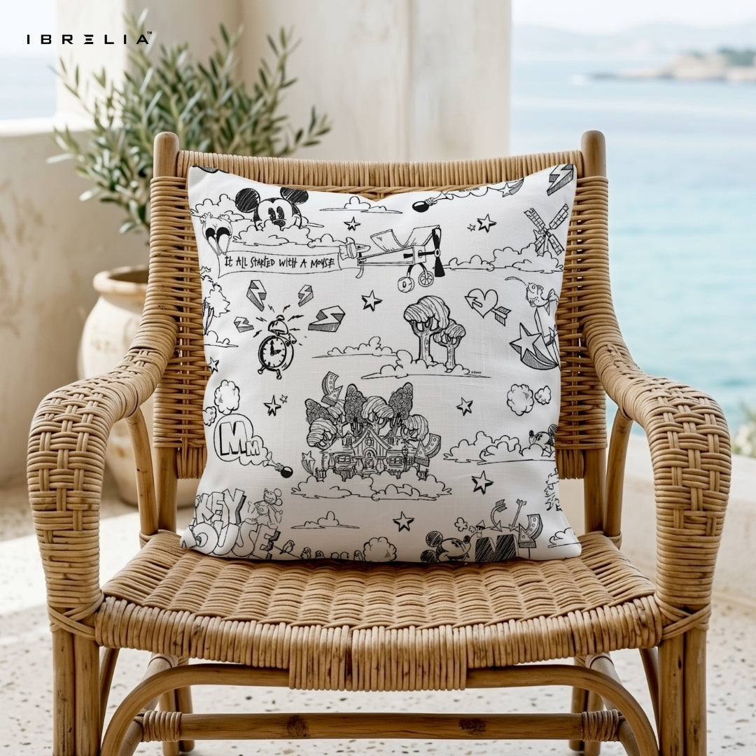 Mickey Mouse Sketch Cushion – Disney “It All Started With A Mouse” Doodle Pillow 15x15 Inch | Minimal Cartoon Cushion | IBRELIA™ IBRELIA