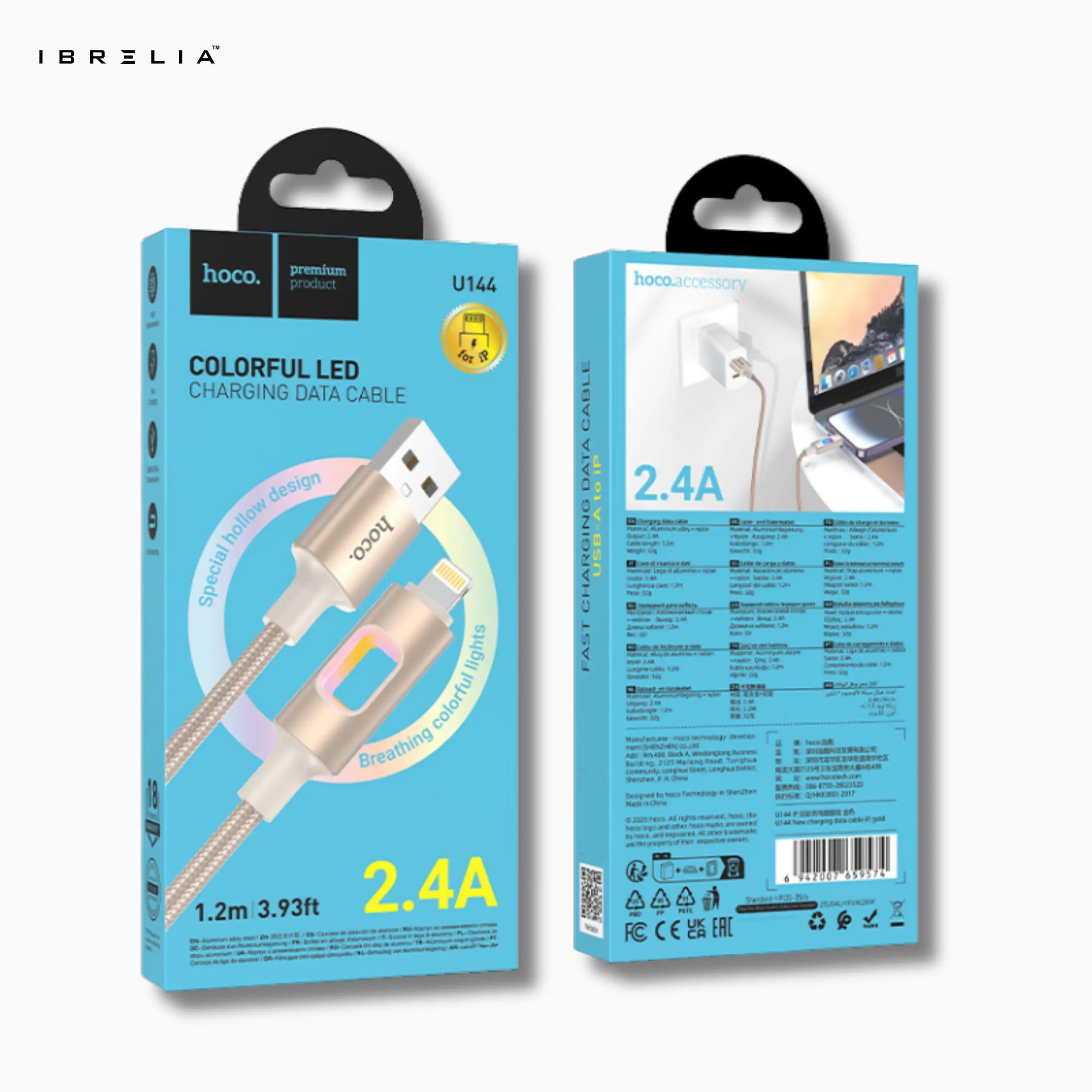 HOCO U144 Colorful LED Charging Data Cable | iPhone | 1.2m Nylon Braided | 2.4A Fast Charge | IBRELIA™ IBRELIA