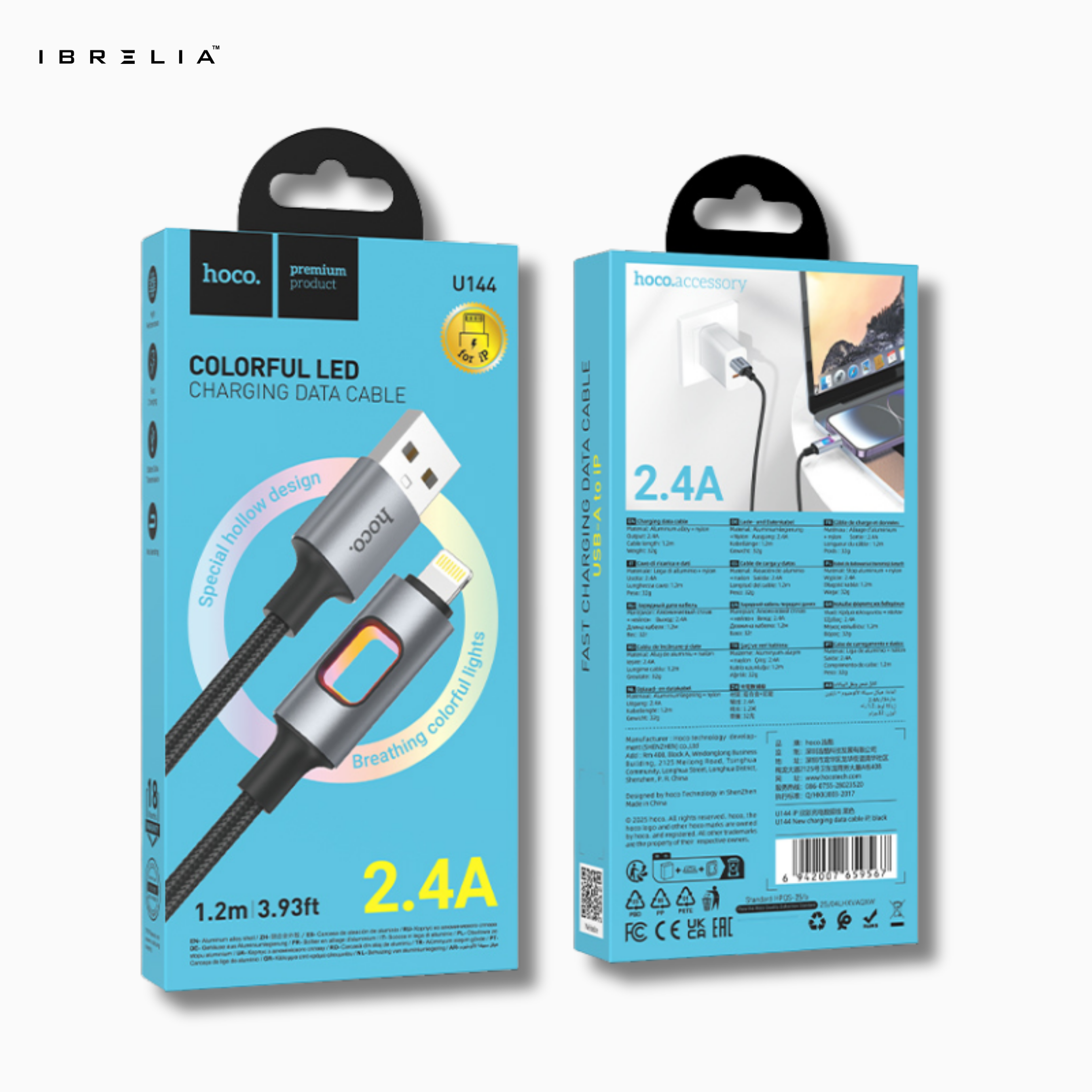 HOCO U144 Colorful LED Charging Data Cable | iPhone | 1.2m Nylon Braided | 2.4A Fast Charge | IBRELIA™