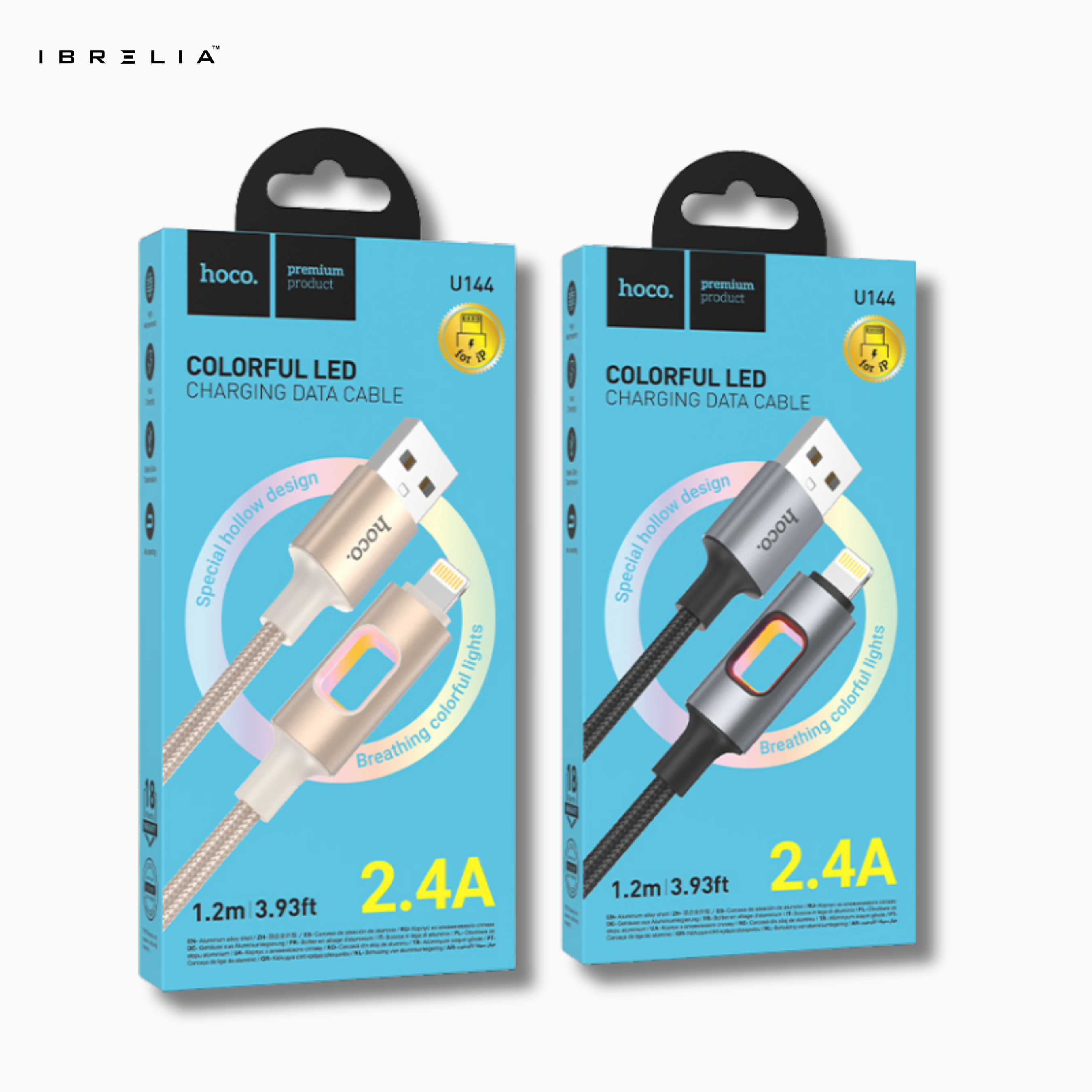 HOCO U144 Colorful LED Charging Data Cable | iPhone | 1.2m Nylon Braided | 2.4A Fast Charge | IBRELIA™
