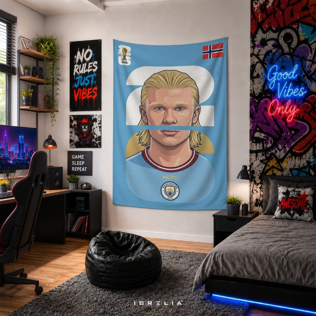 Erling Haaland Norway Number 9 Graphic Edition – Premium Jute Fabric Tapestry – IBRELIA™