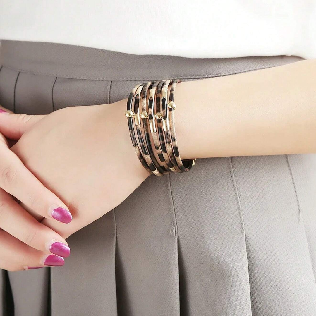 Leopard Print PU Leather Cuff Bracelet | Multi-Layer Magnetic Bangle for Women | IBRELIA™