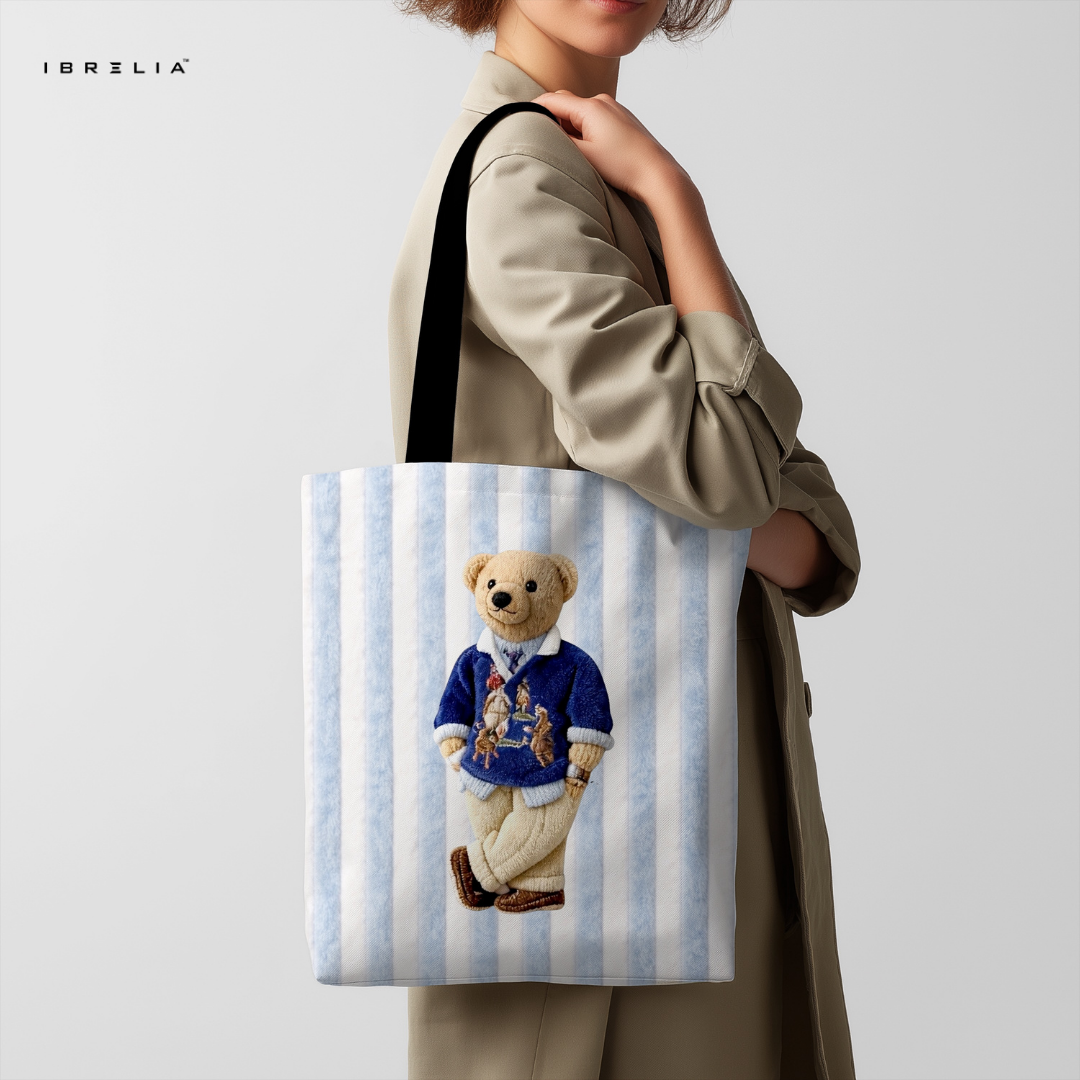 IBRELIA™ Teddy Stripe Premium Jute Tote Bag with Velvet Handles, Satin Lining & Inner Zip Pocket IBRELIA