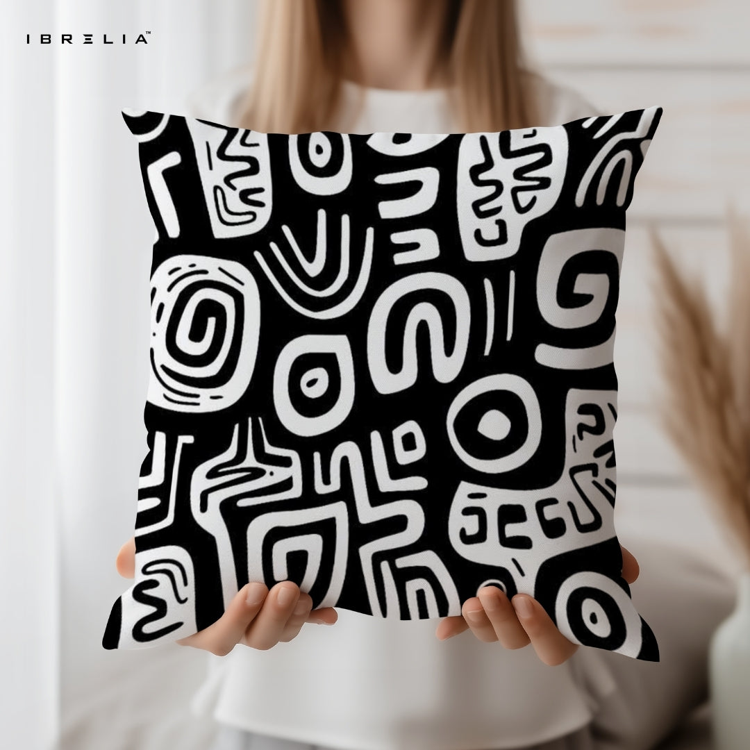 Abstract Black & White Pattern Cushion – Modern Minimal Pillow 15x15 Inch | Geometric Art Cushion | IBRELIA™ IBRELIA