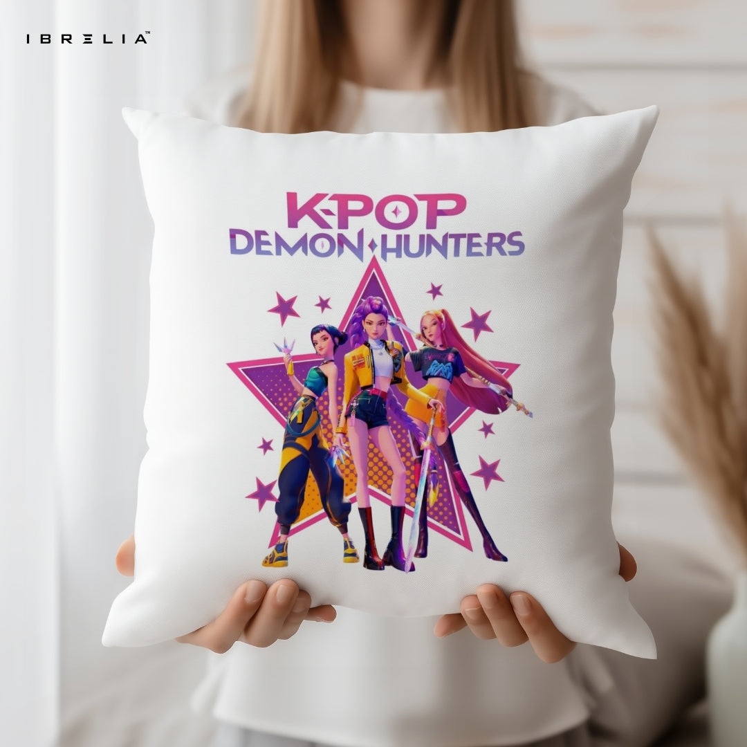 K-Pop Demon Hunters Cushion – Kpop Inspired Anime Style Pillow 15x15 Inch | Girl Squad Cushion | IBRELIA™ IBRELIA