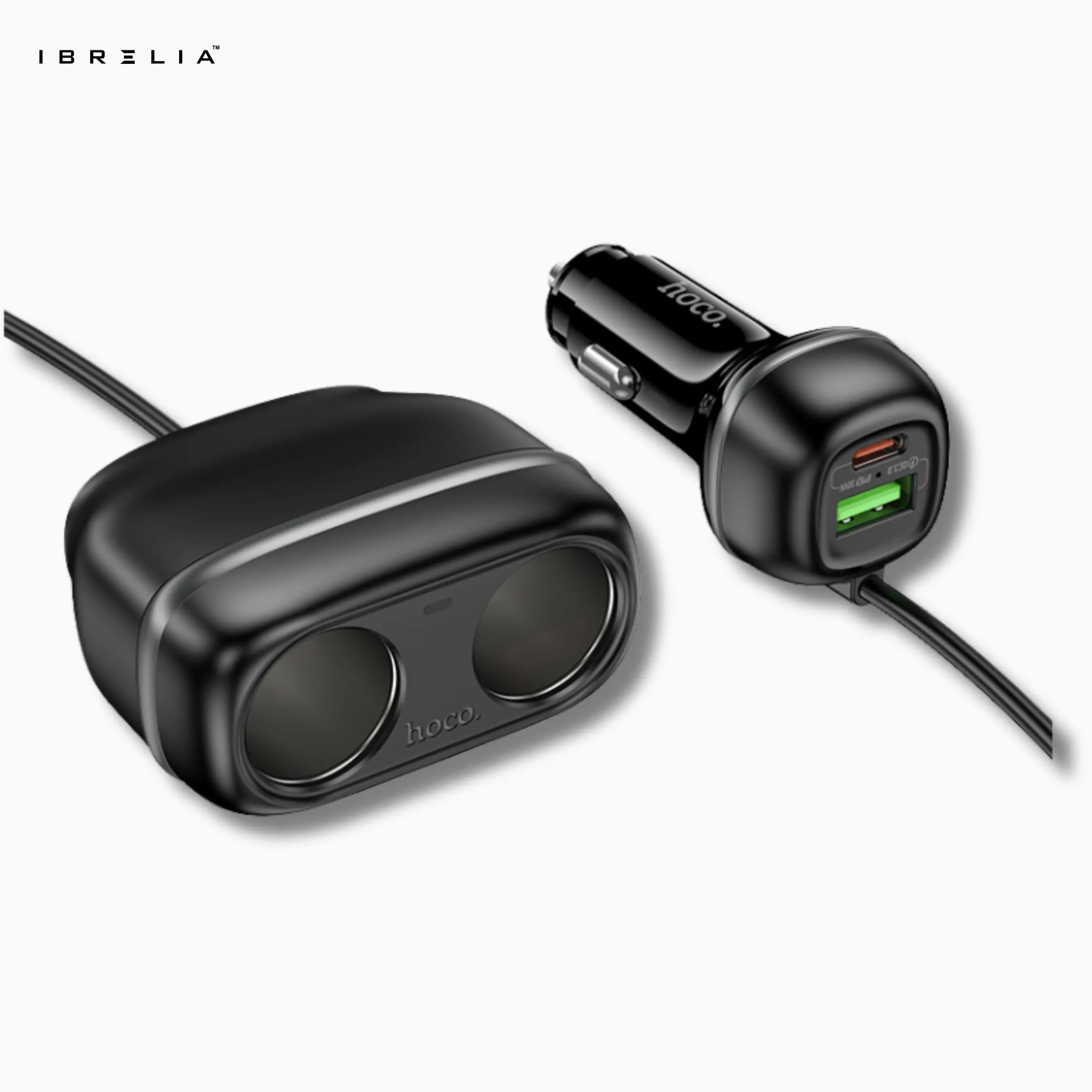HOCO Z59 Rank 48W Dual-Port PD30W + QC3.0 Car Charger with Dual Cigarette Lighter Slots | IBRELIA™ IBRELIA