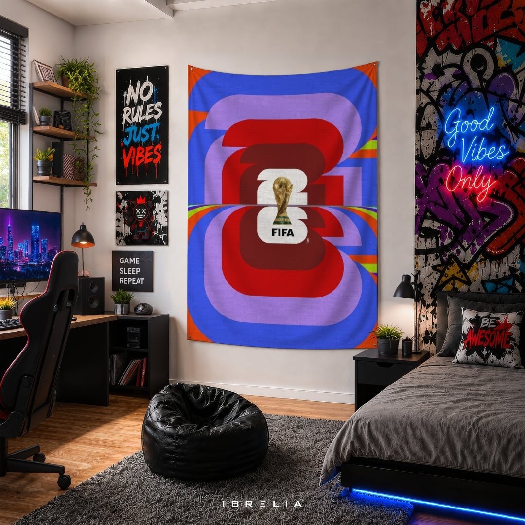 FIFA World Cup 2026 Retro Wave Emblem Edition – Premium Jute Fabric Tapestry – IBRELIA™