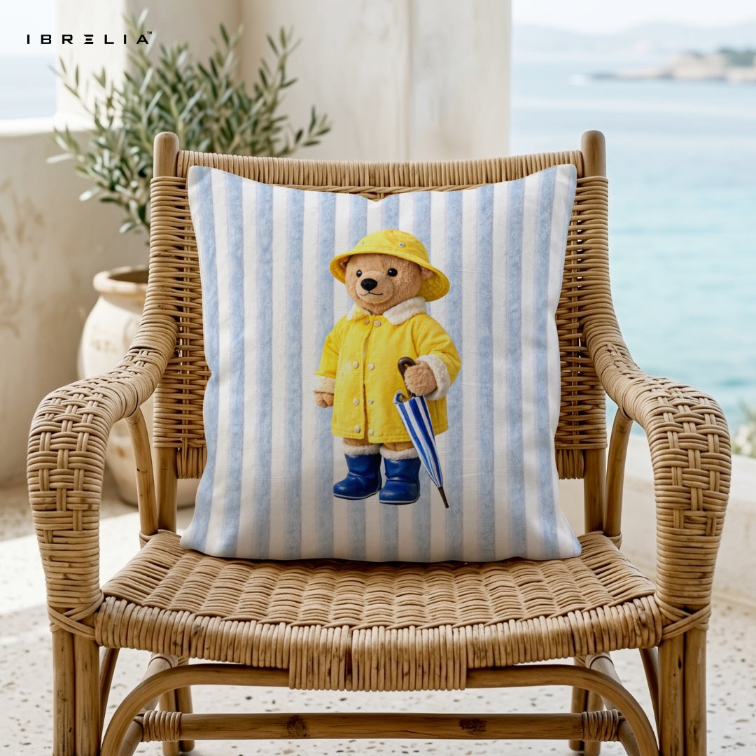 Raincoat Teddy Cushion – Aesthetic Bear Pillow 15x15 Inch | Jute Textured Premium Cushion | IBRELIA™ IBRELIA