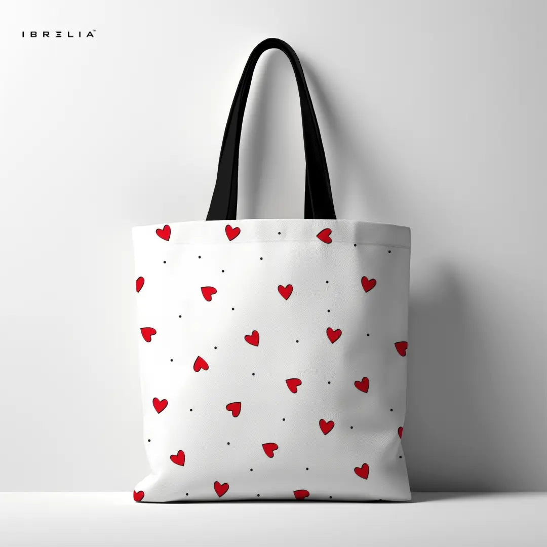 Red Hearts Tote Bag – Cute Minimalist Jute Tote with Velvet Handles | IBRELIA™ IBRELIA