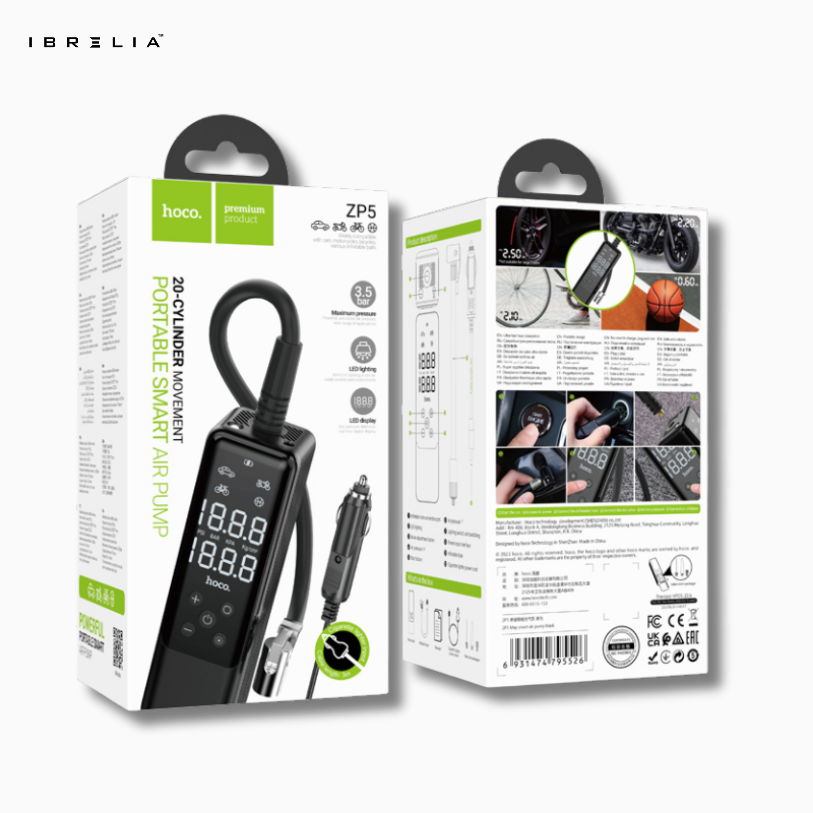 HOCO ZP5 May Smart Air Pump – 20-Cylinder High Power Portable Inflator with 3m Cable | IBRELIA™