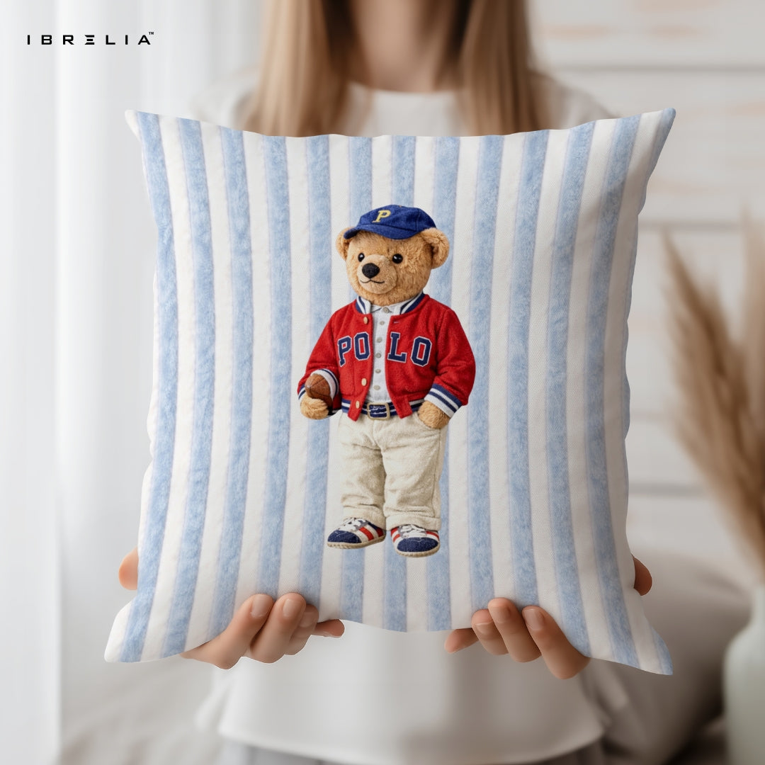 Polo Teddy Cushion – Preppy Bear Pillow 15x15 Inch | Jute Textured Premium Cushion | IBRELIA™ IBRELIA